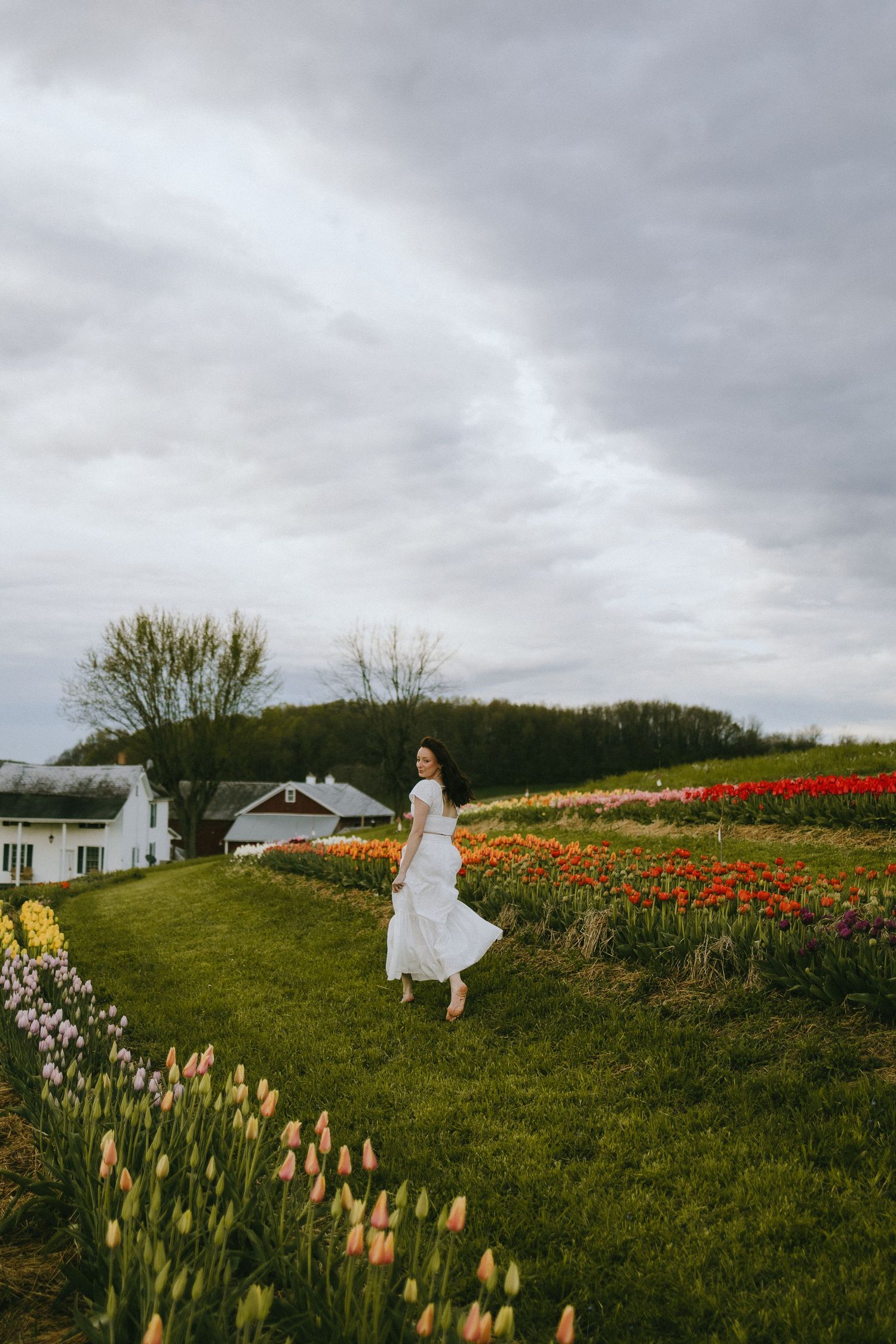 A figure in a white dress stands in a field of colorful tulips on a cloudy day near a countryside house.