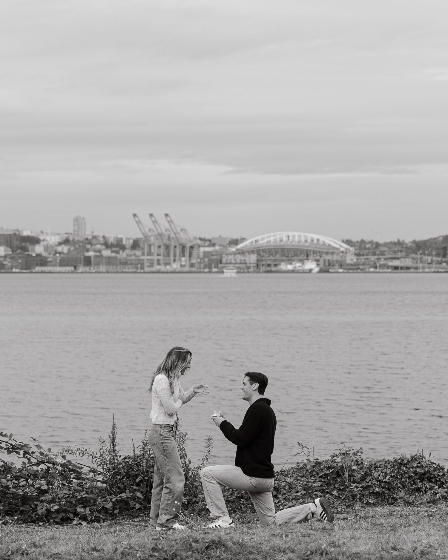 Proposal moment captured by harbor with industrial cranes and bridge in background.
