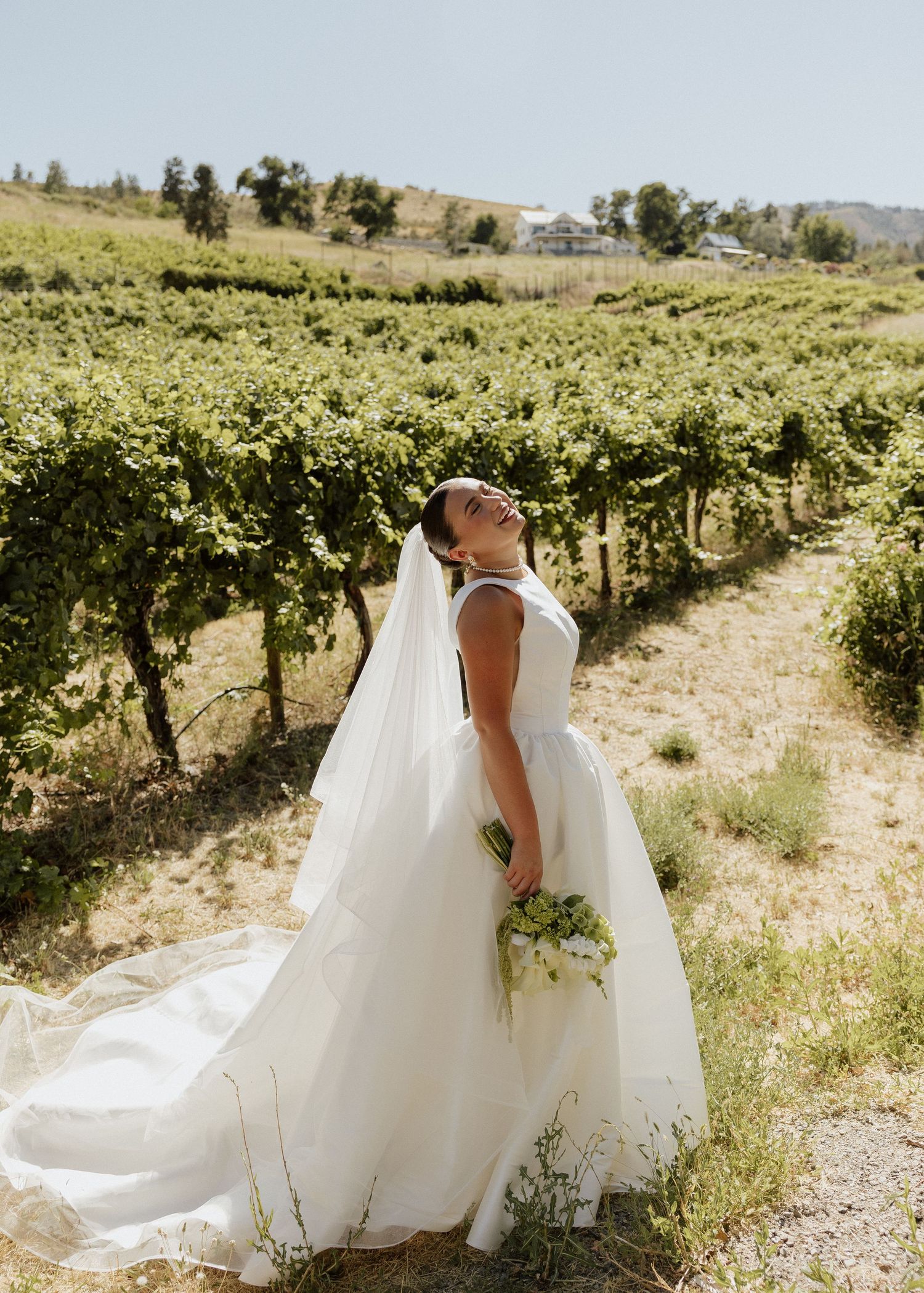 Bride in white gown and veil holds bouquet among lush vineyard rows on sunny wedding day.