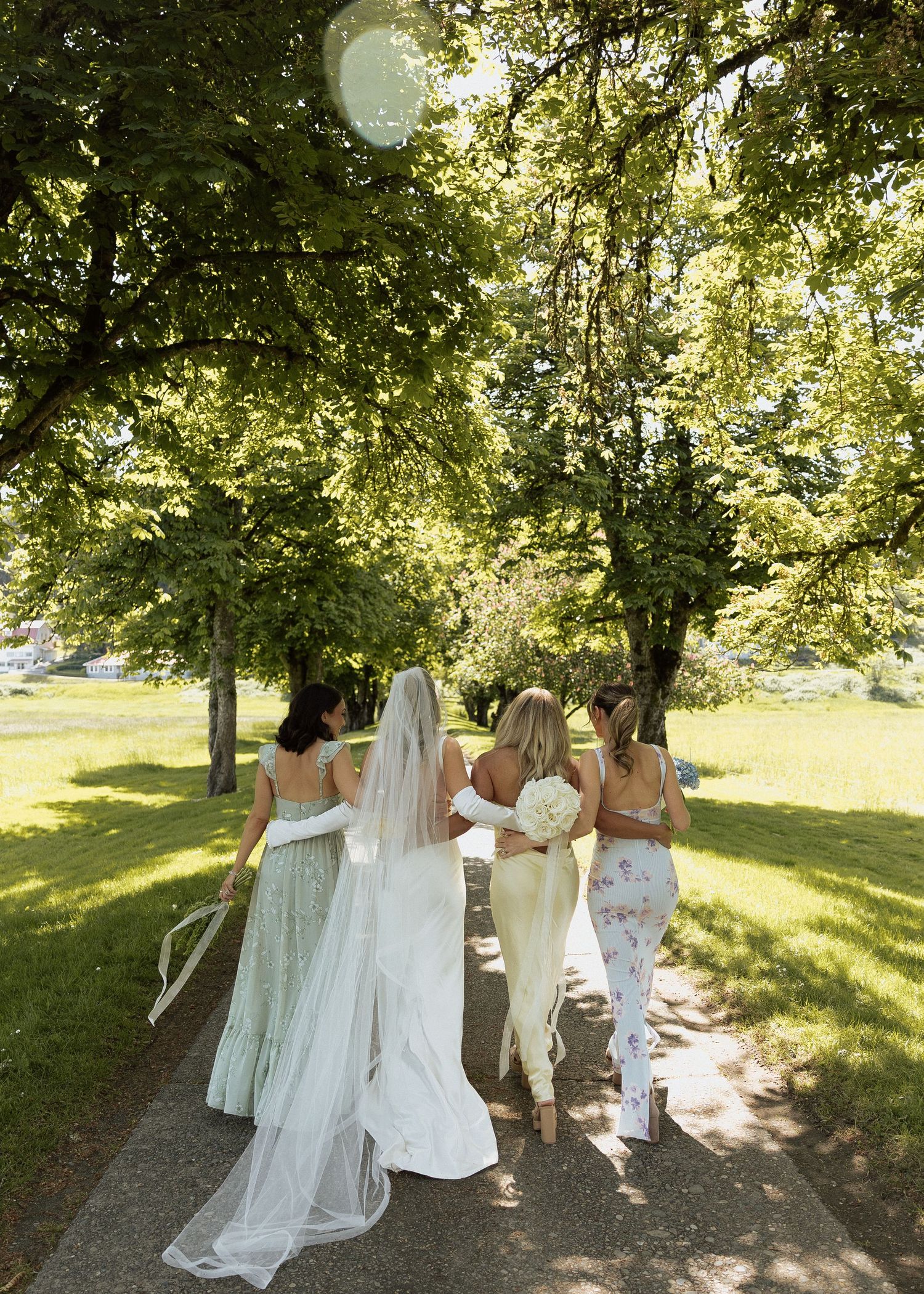 Bride and bridesmaids walking along a tree-lined path in a lush green park, viewed from behind.
