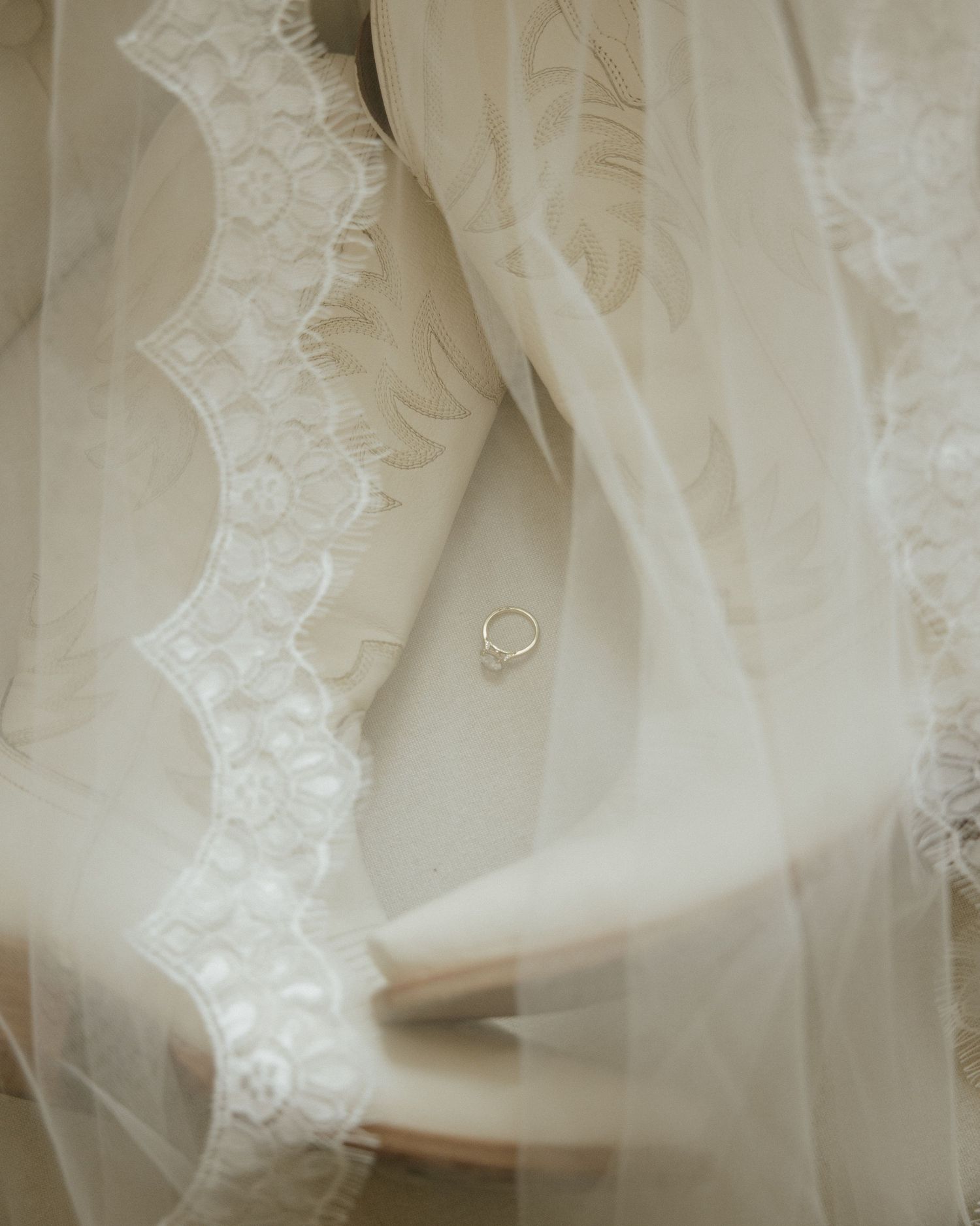 Close-up of delicate white lace trim and wedding veil with wedding ring in soft focus.
