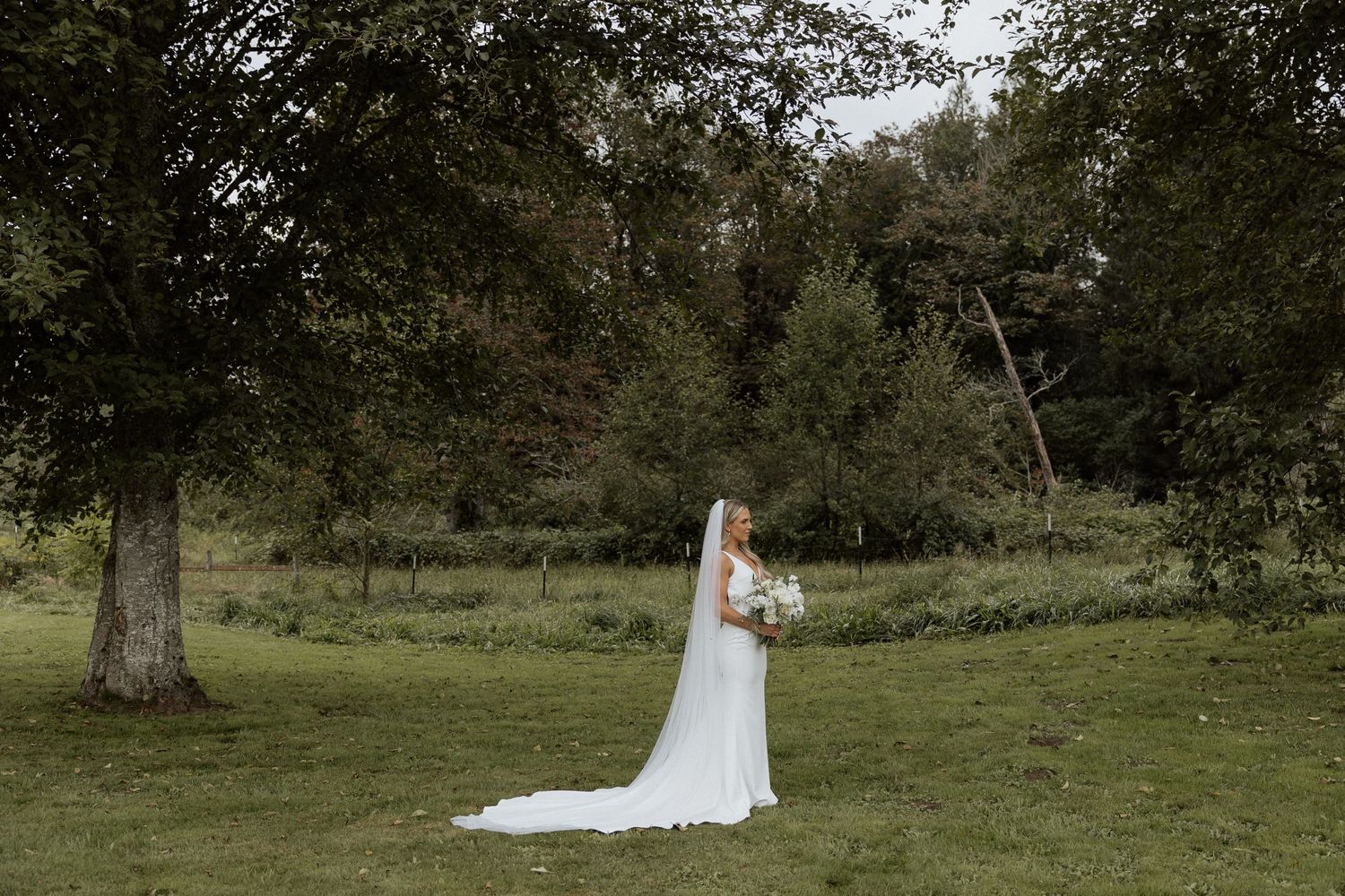Solitary bridal portrait in white gown against pastoral landscape.