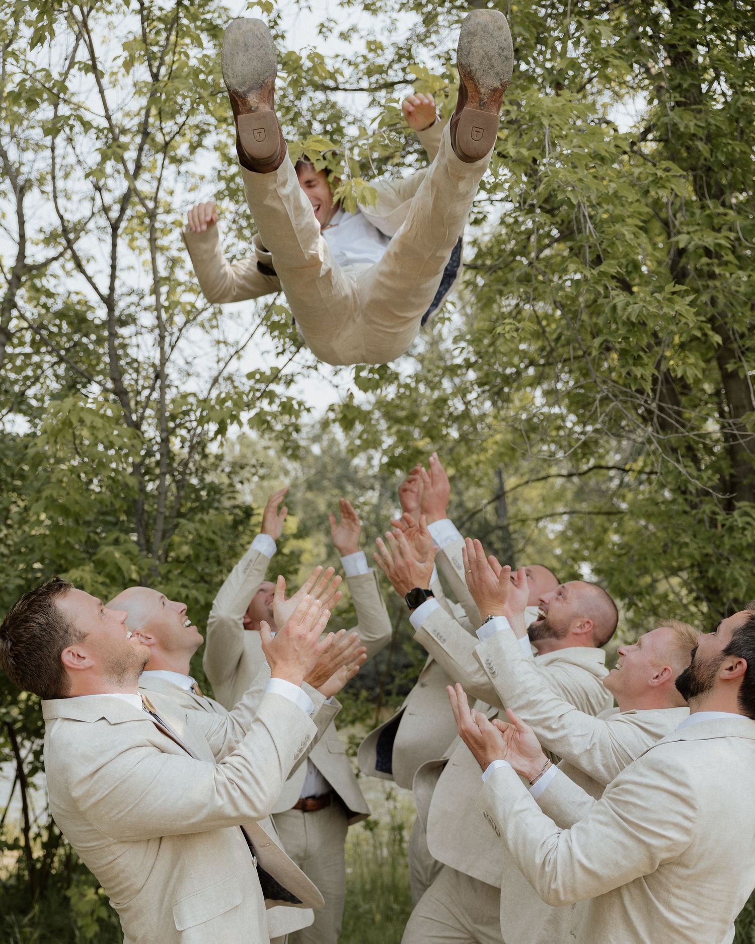 Groomsmen tossing someone in a beige suit into the air in a celebratory moment.