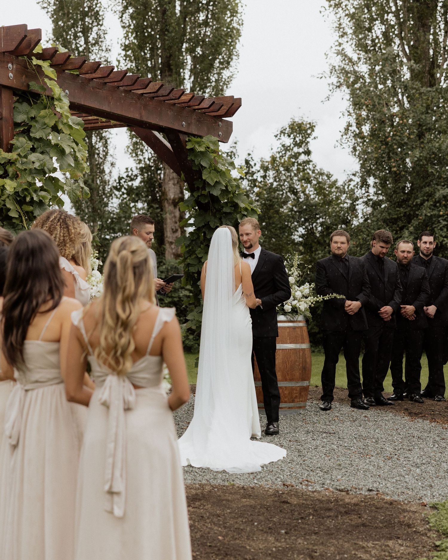 Wedding ceremony under vine-covered pergola with wedding party in dark and neutral attire.