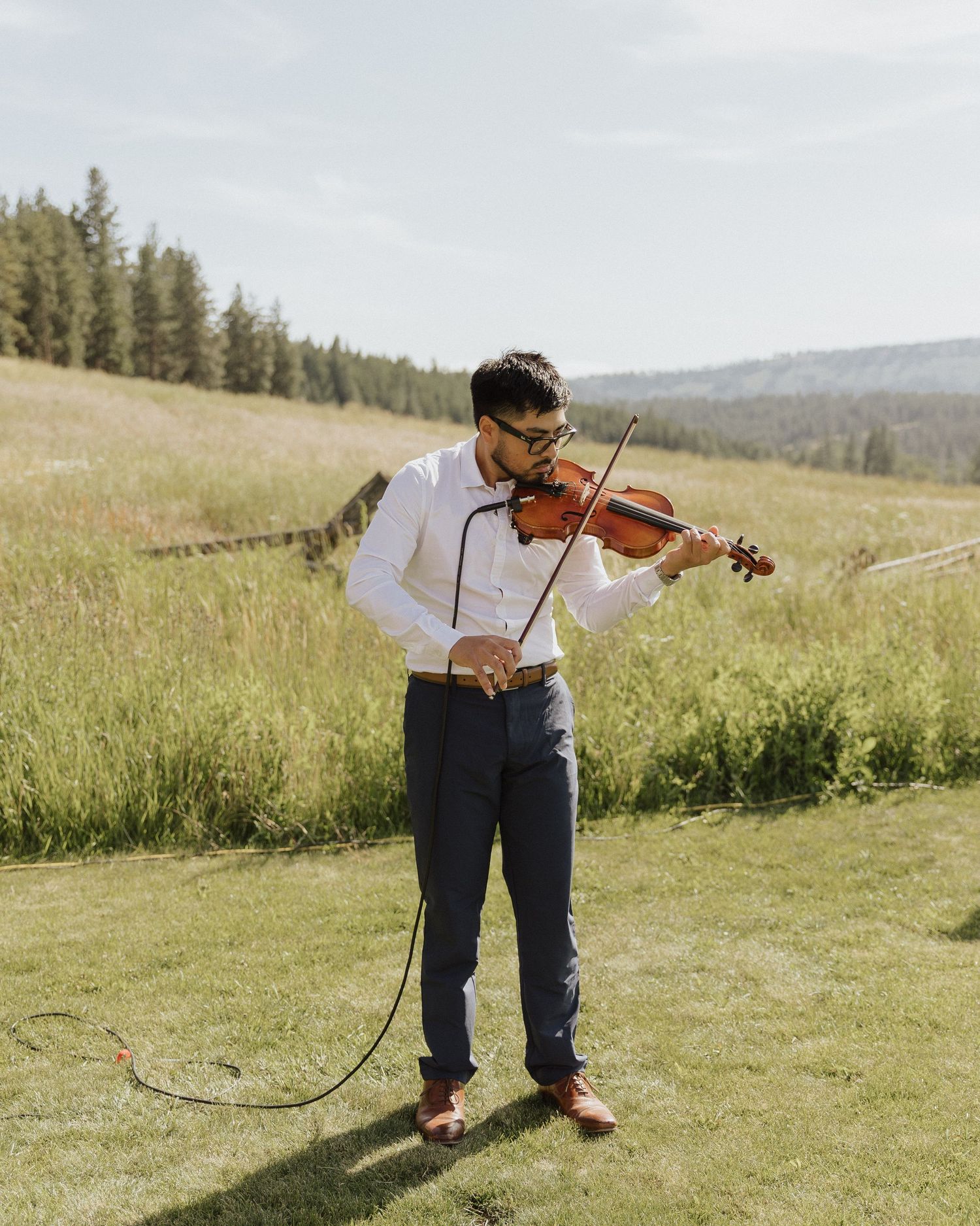 A musician performs passionately on a violin in a pastoral mountain meadow with evergreen forests in the background.
