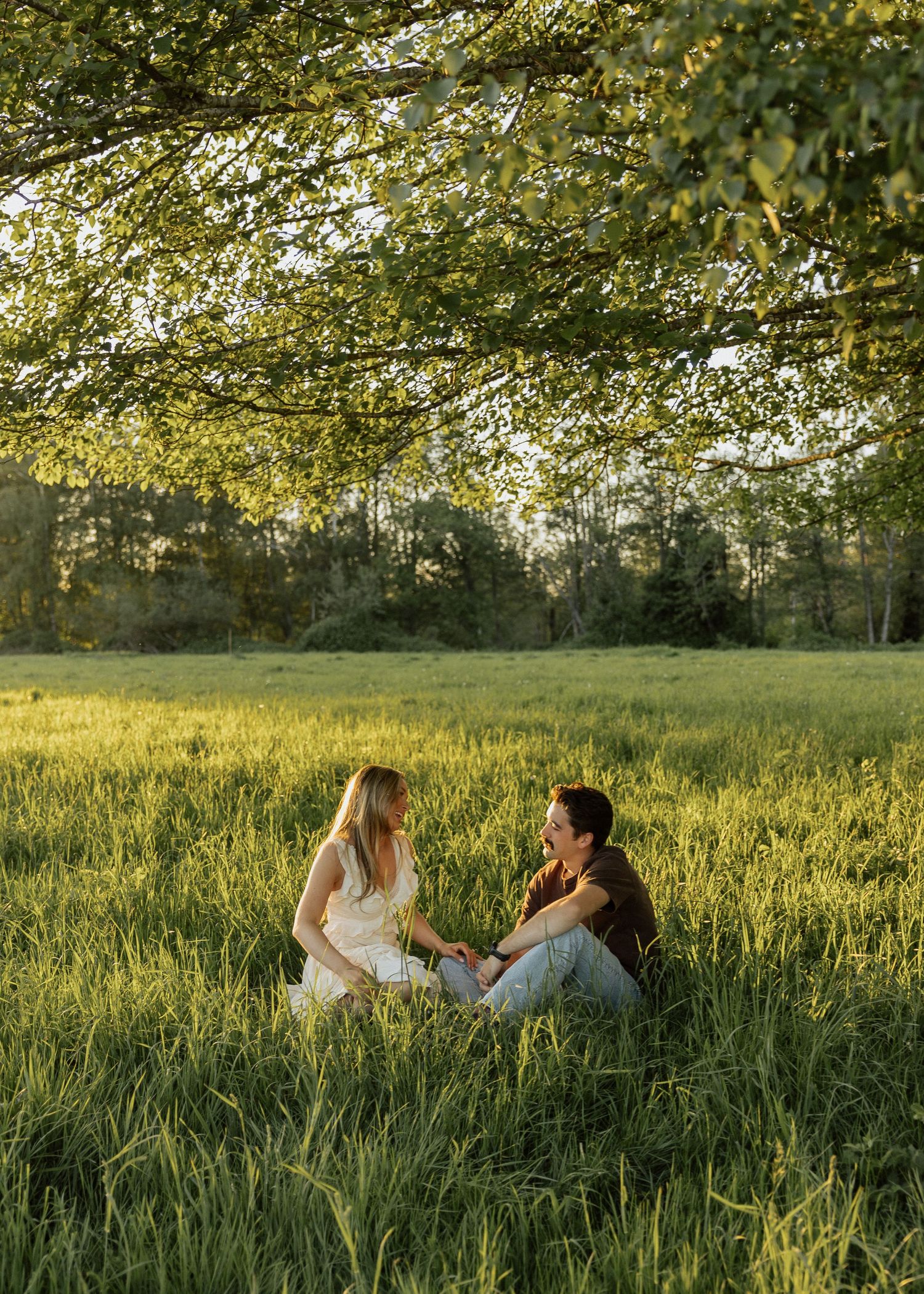 Couple sitting face-to-face in a lush green meadow under a tree canopy during golden hour.
