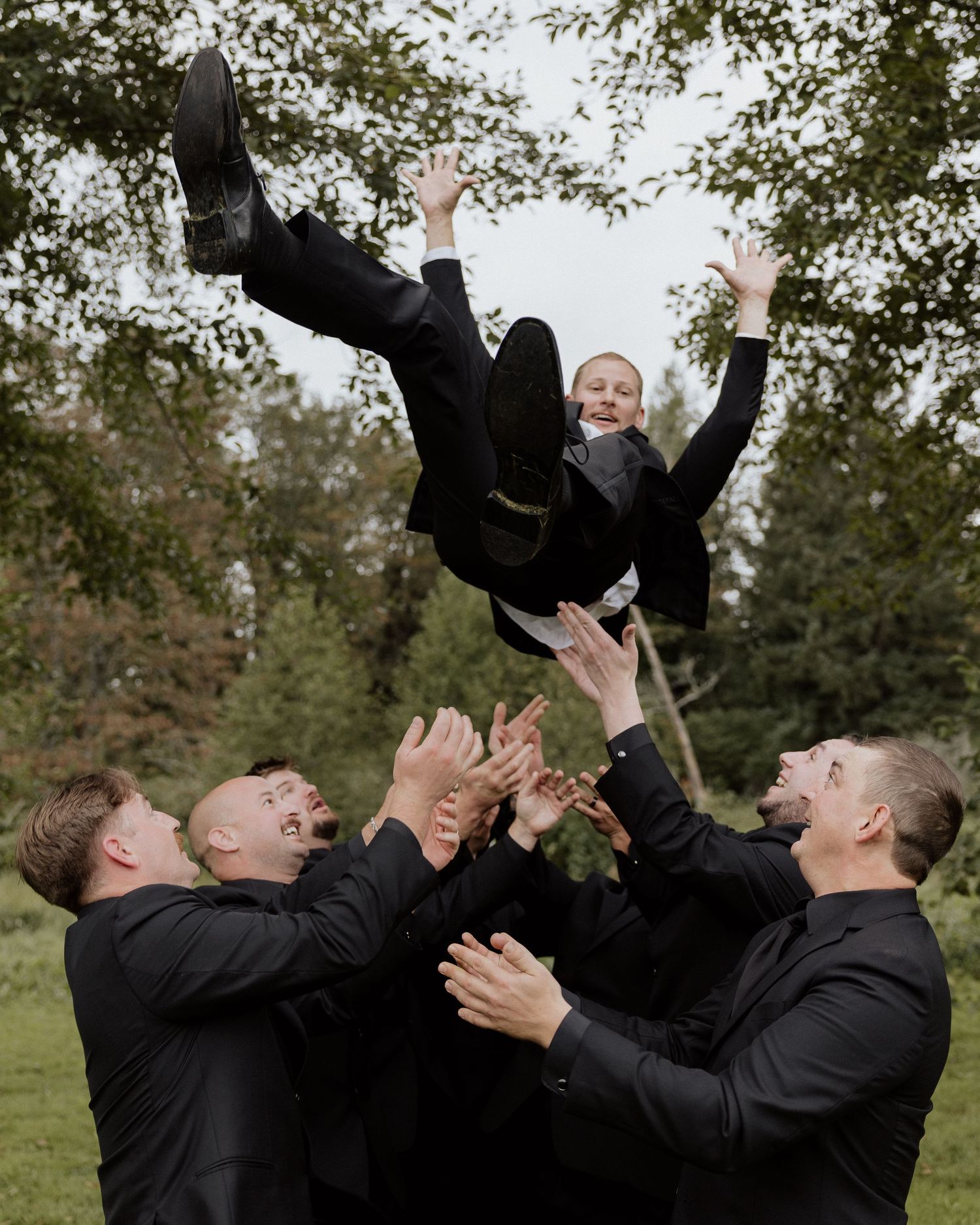 Wedding party members in black suits toss a groomsman into the air during a playful photo moment.
