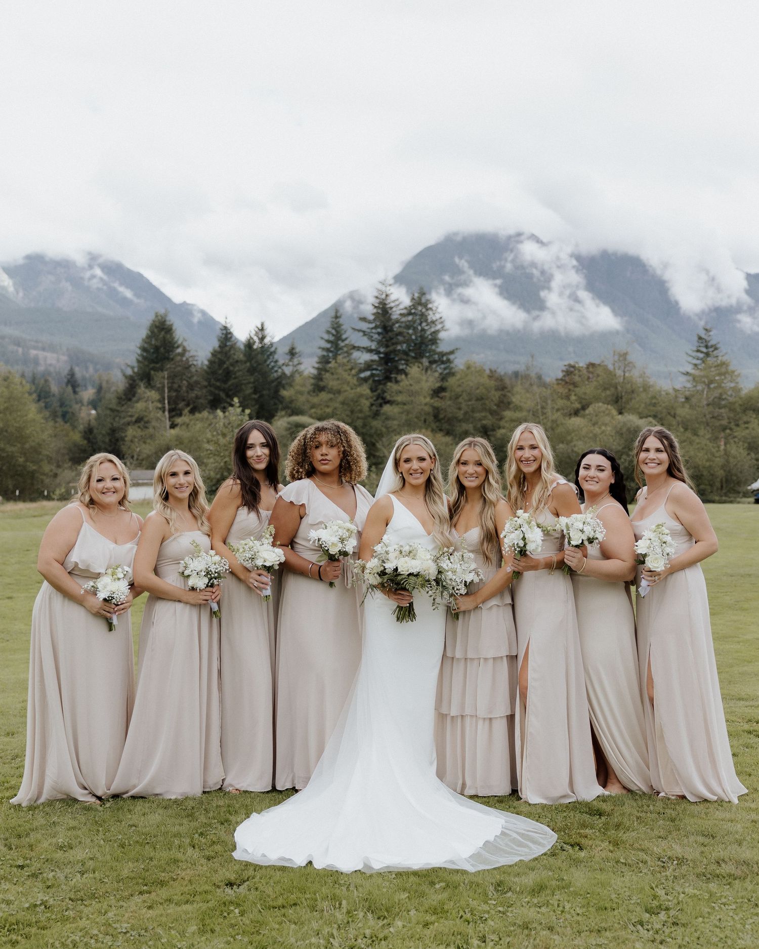 Wedding party poses in front of misty mountain landscape wearing champagne colored dresses.