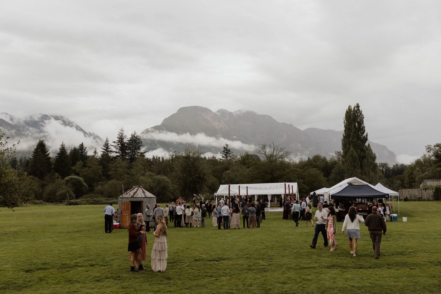 Wedding guests gather on a grassy field with misty mountains in the background.