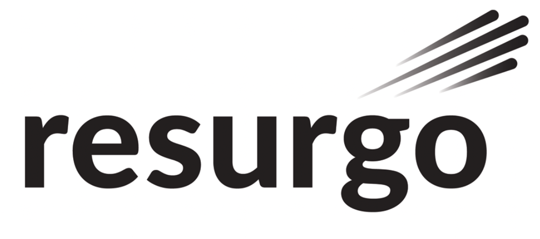 Simple black wordmark logo design for 'resurgo' using modern sans-serif typography with three diagonal lines above the text.