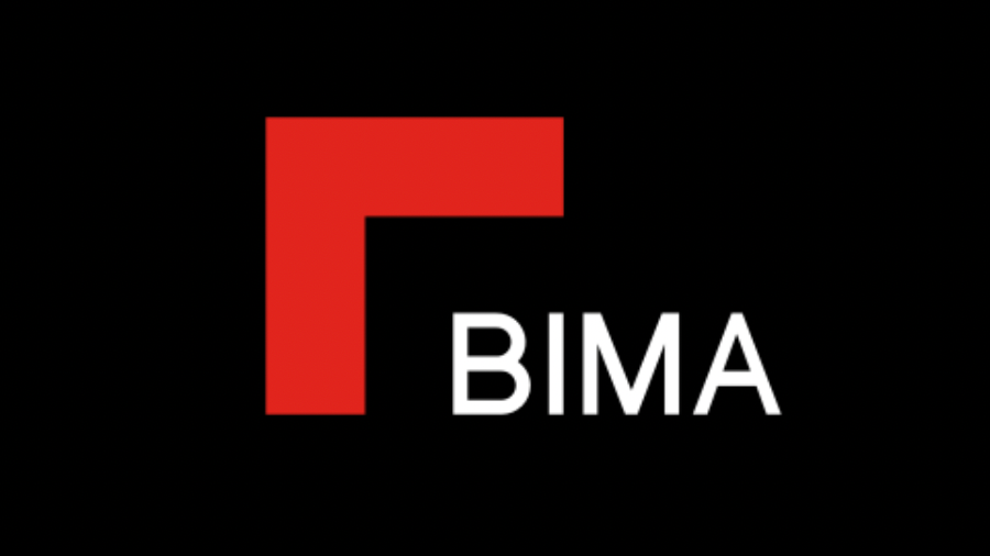 A simple black logo design featuring the word 'BIMA' with a distinctive red square geometric element above it.