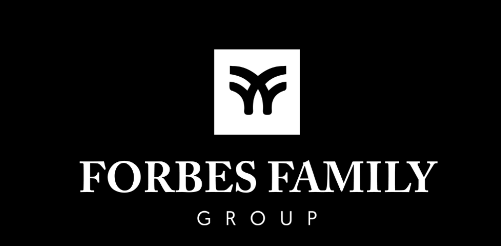 Black and white Forbes Family Group company logo with stylized text and icon design.