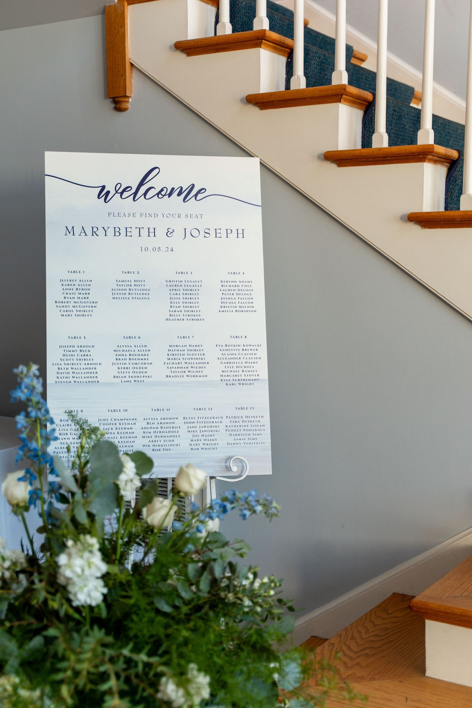 Wedding seating chart display decorated with blue and white flowers near wooden staircase.