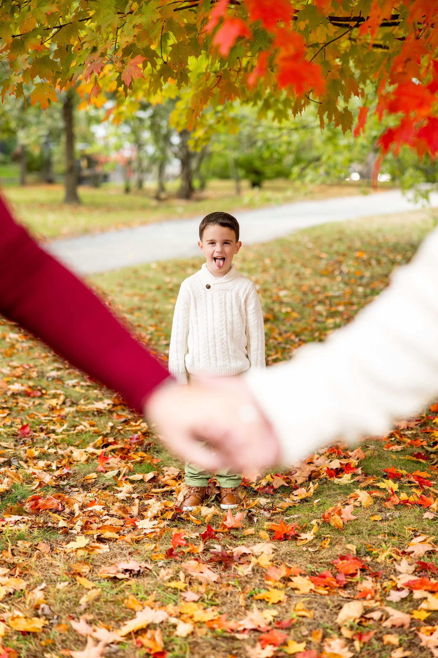 Child in white sweater standing among colorful fall leaves on a park path.