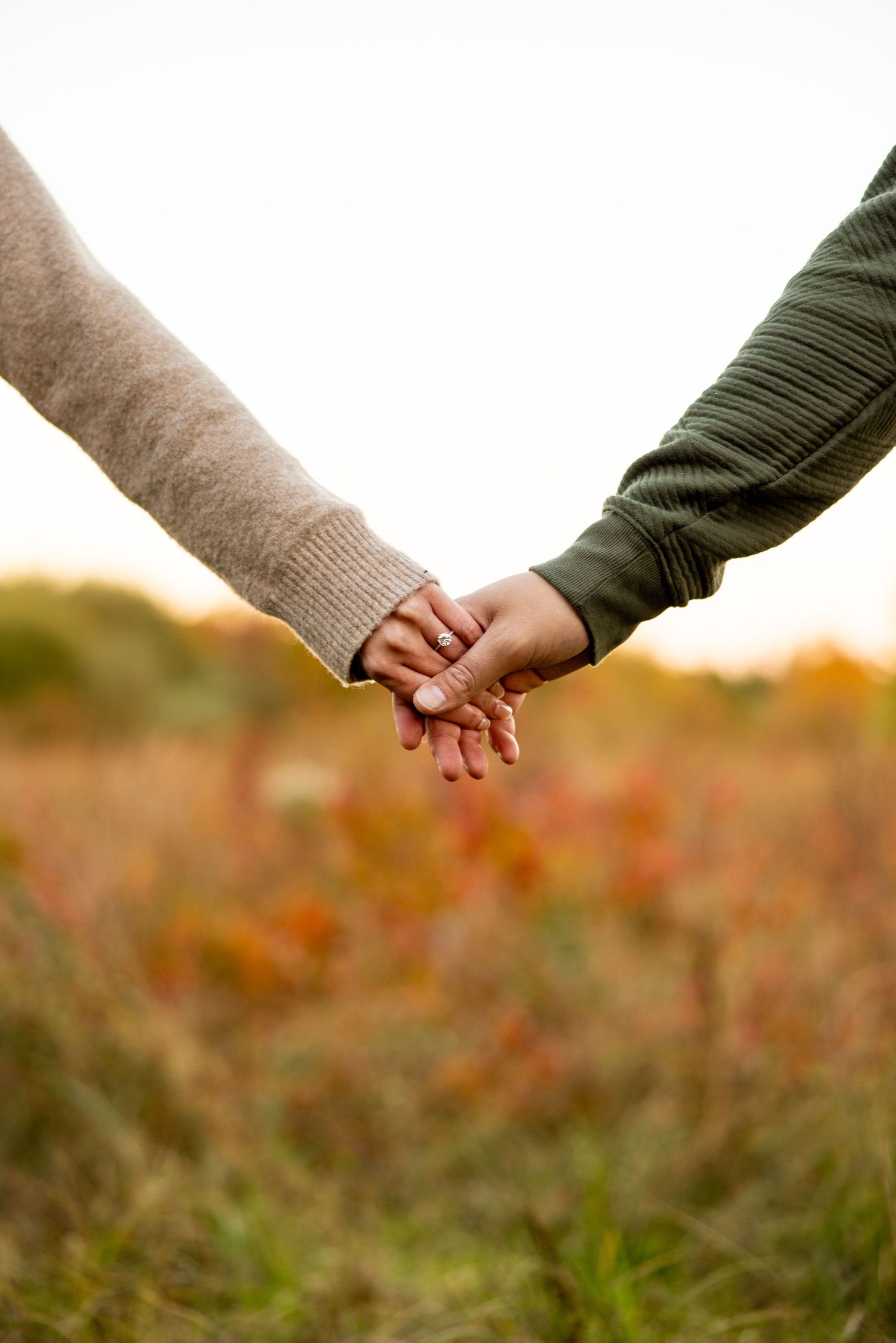 Close-up of two people holding hands in a field during golden hour.