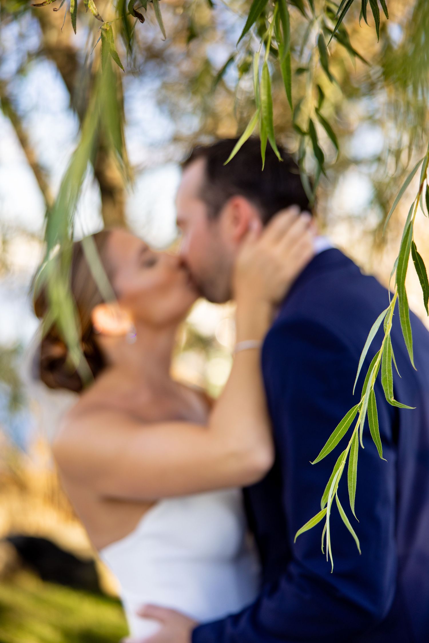 Romantic kiss under willow tree branches at outdoor wedding.
