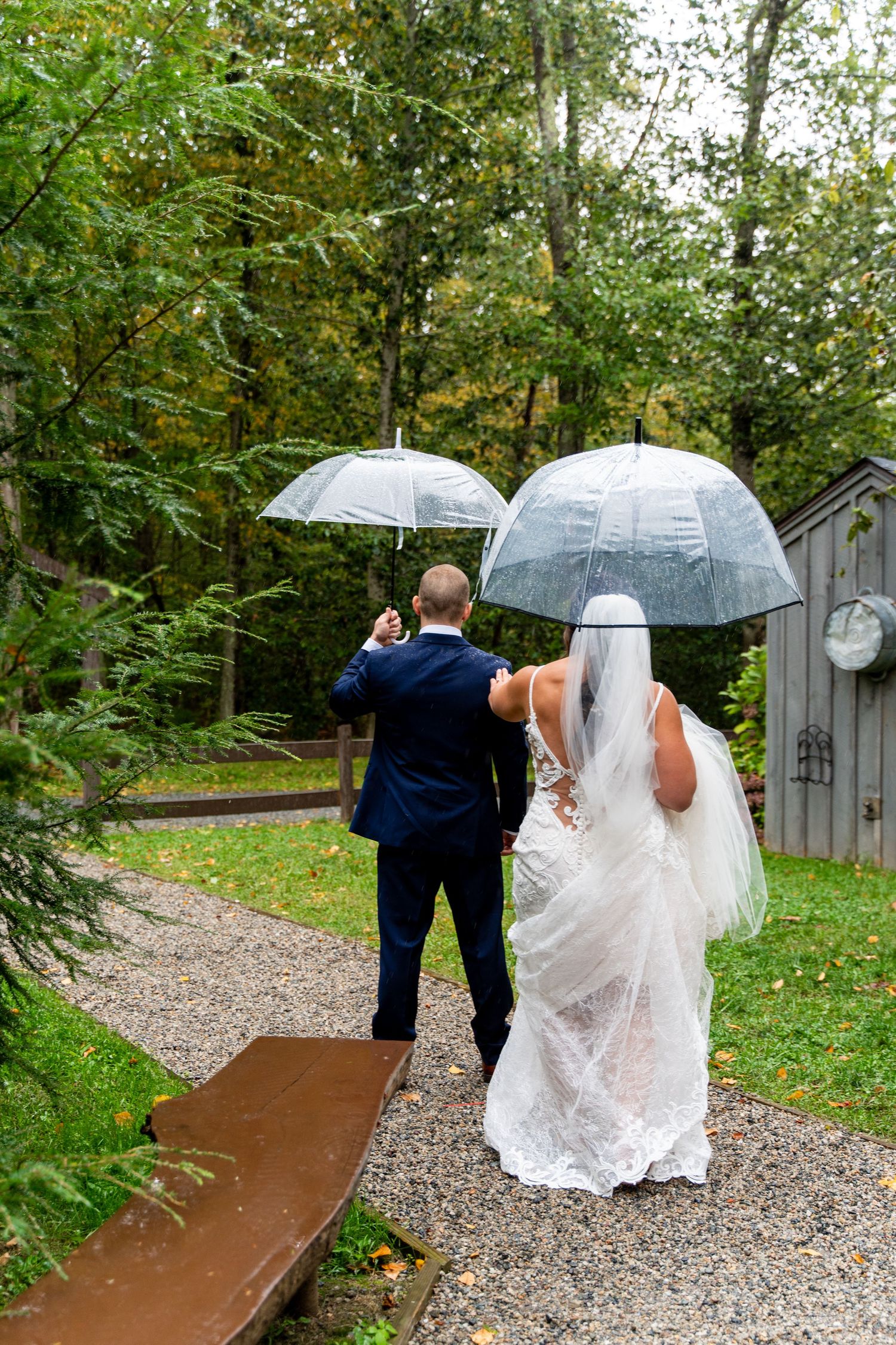 Newlyweds walking down garden path holding clear umbrellas on wedding day.