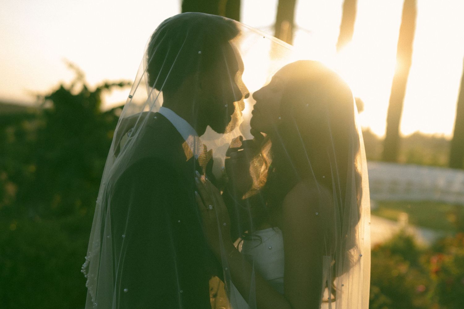 A romantic silhouette of a couple embracing at sunset with golden light filtering through trees.