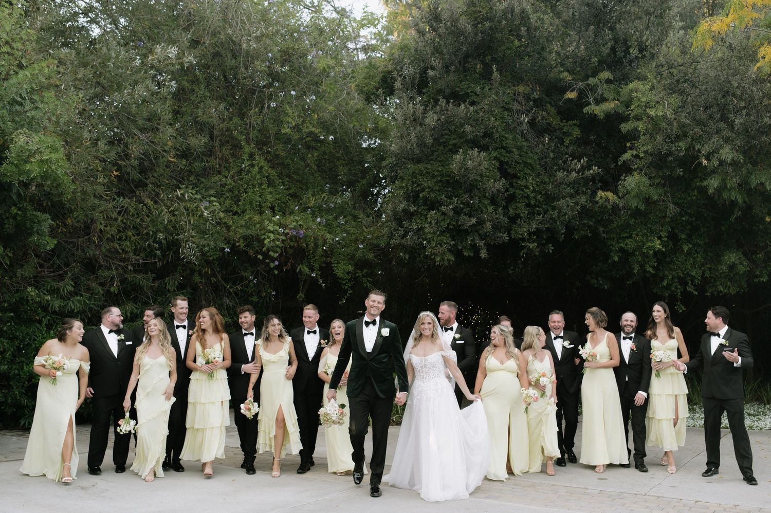 Wedding party lined up outdoors with bridesmaids in yellow dresses and groomsmen in black tuxedos.