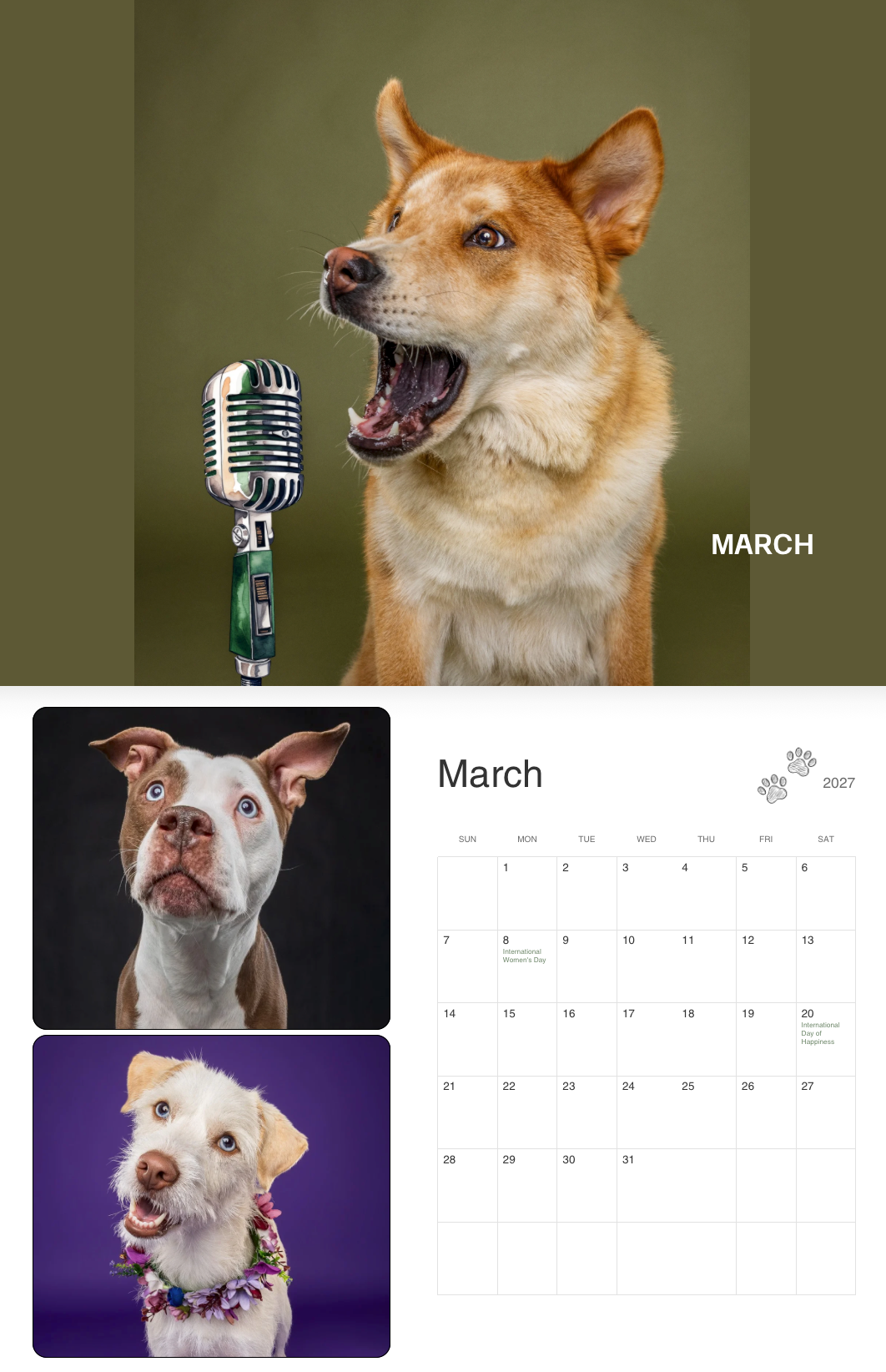 A dog calendar featuring March with photos of dogs posing, including a singing dog at a microphone and two portrait shots.