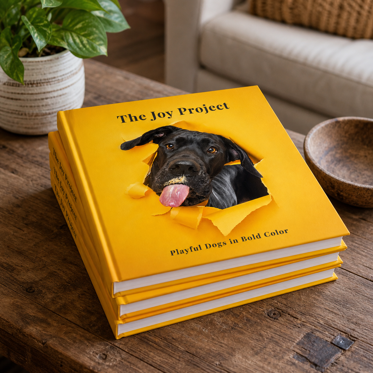 Stack of yellow hardcover books titled The Joy Project featuring a playful black dog with tongue out on the cover.