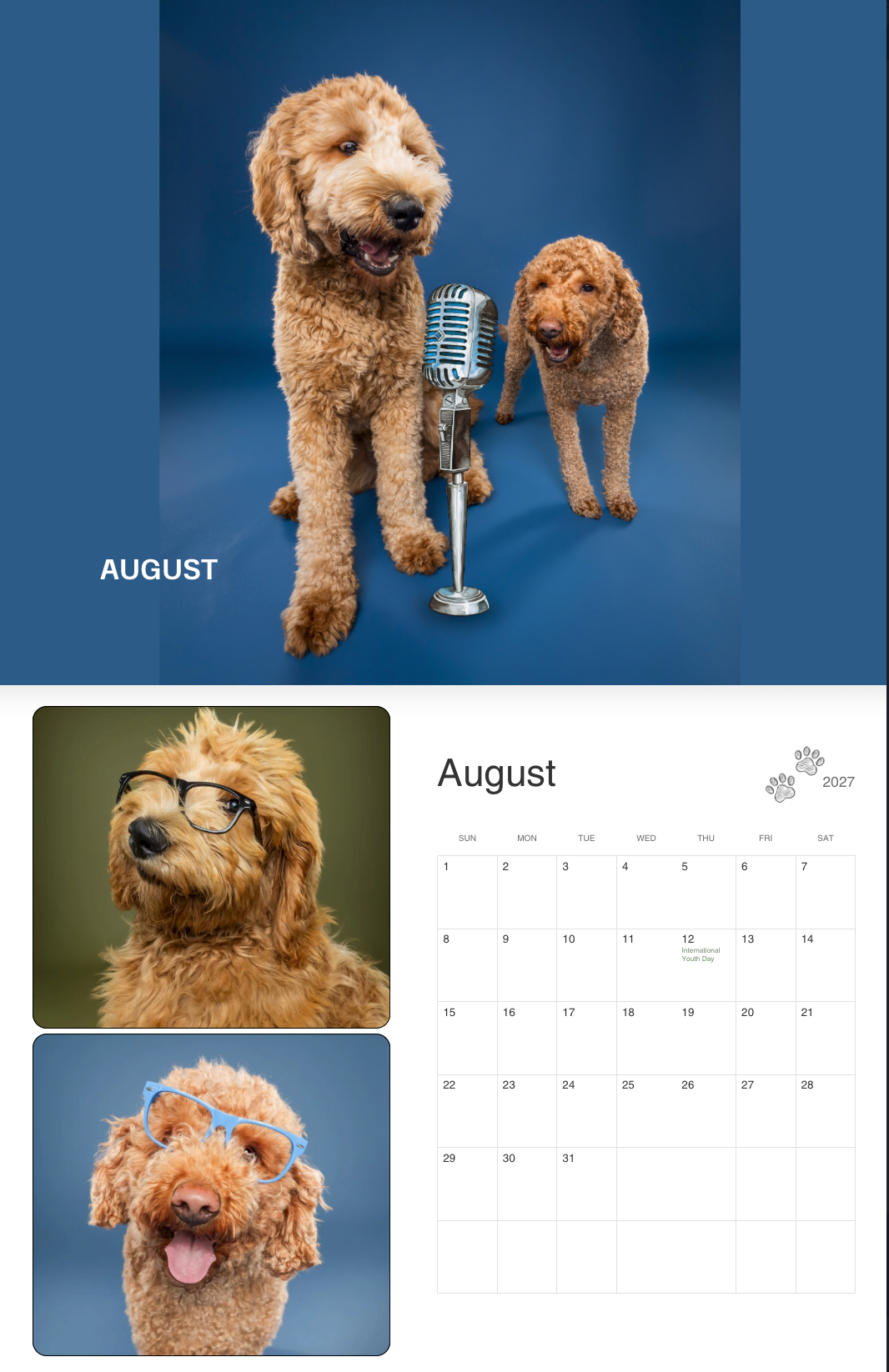 August 2027 calendar featuring adorable goldendoodle dogs posing with microphone and wearing glasses in fun studio photos.