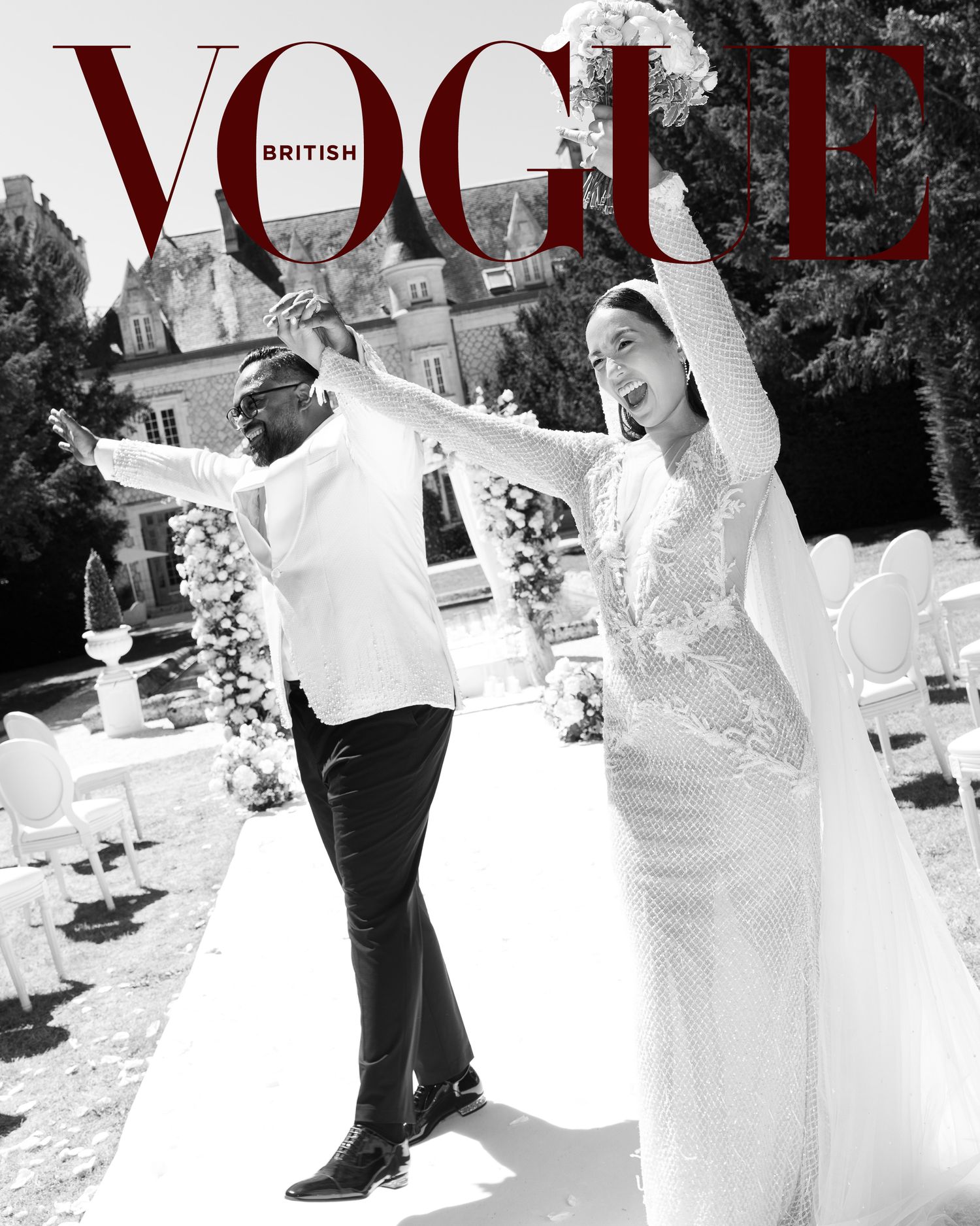British Vogue cover featuring joyful couple celebrating outdoor wedding ceremony in elegant venue.
