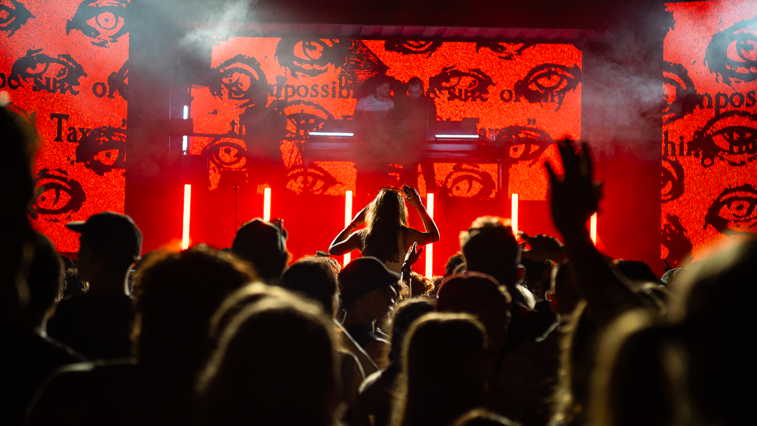 A performer on stage bathed in red light with an energetic crowd at an indoor music concert.