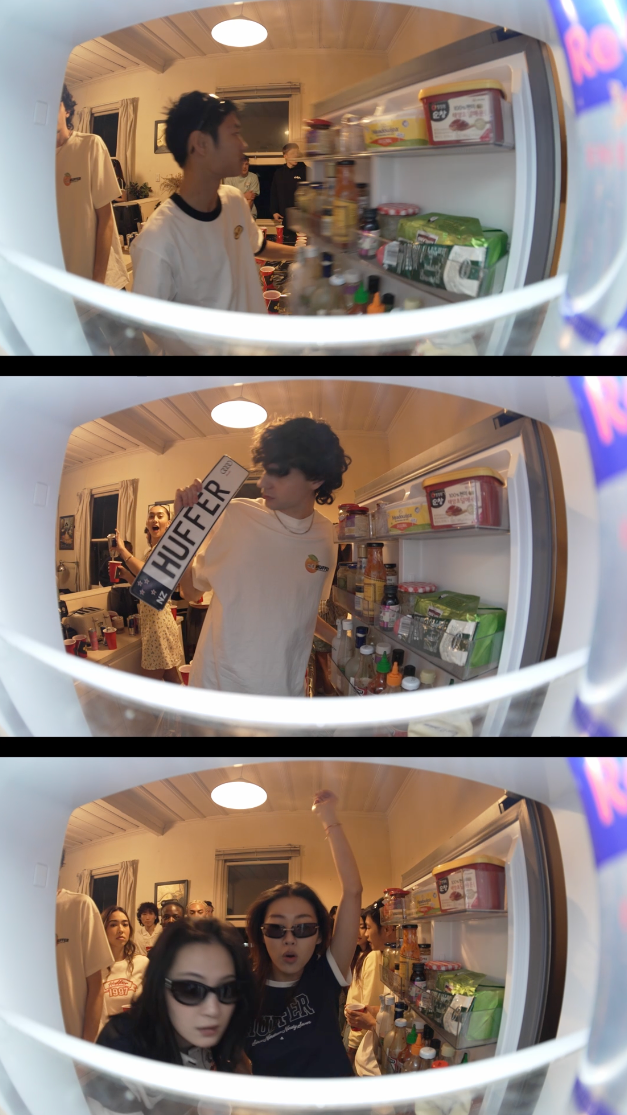 Three fisheye lens photos from a fridge showing people in a kitchen, one holding a Huffer sign, two posing with sunglasses.
