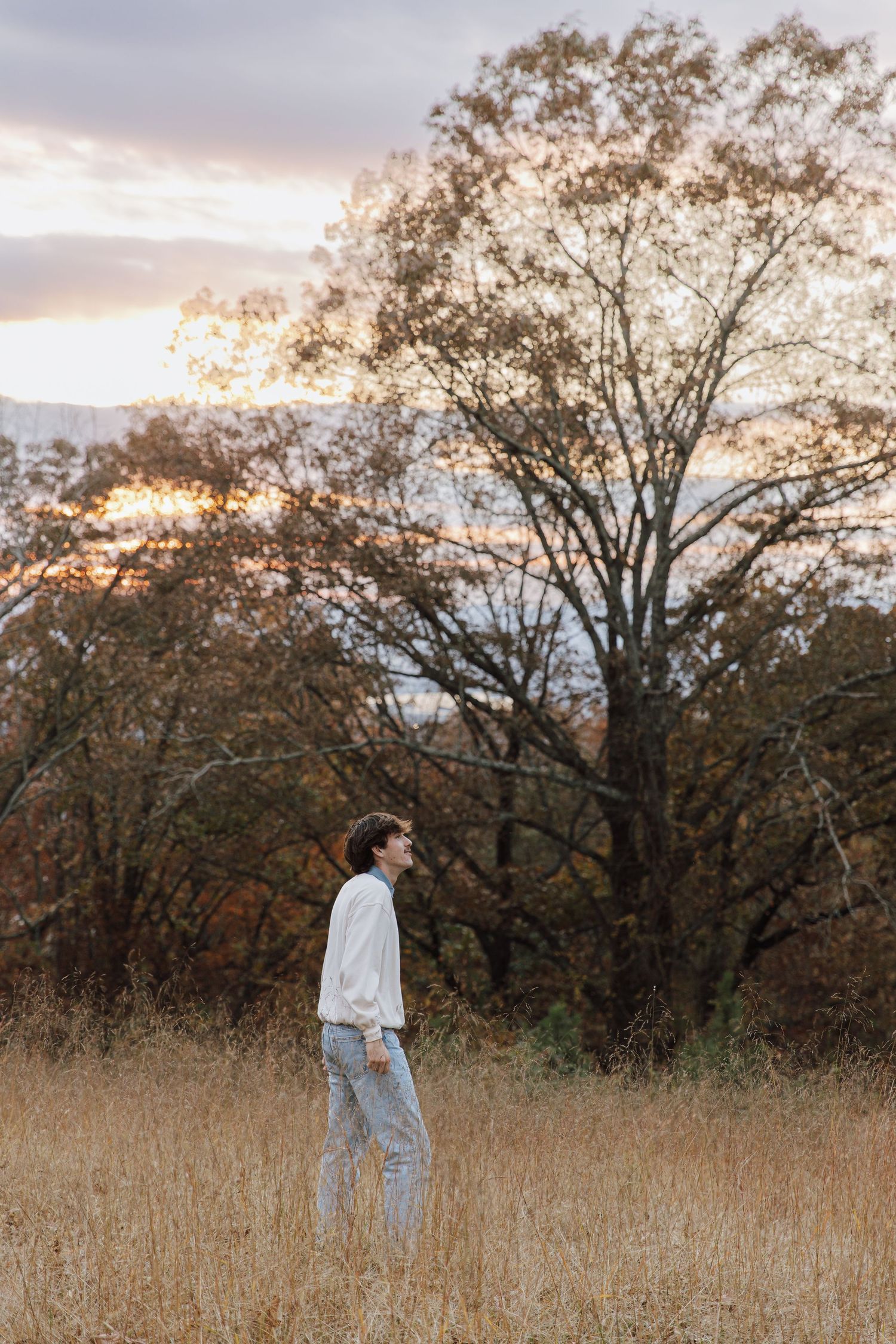 Person stands in tall autumn grass during sunset with trees silhouetted in background.