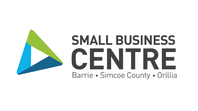 Small Business Centre logo with a blue, green and teal triangle icon, serving Barrie, Simcoe County and Orillia.