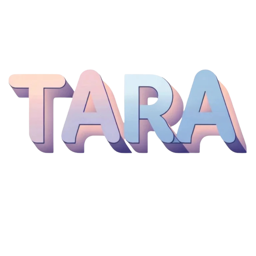 3D bubble letter text spelling TARA with a soft pastel gradient from peach pink to sky blue and a purple drop shadow.