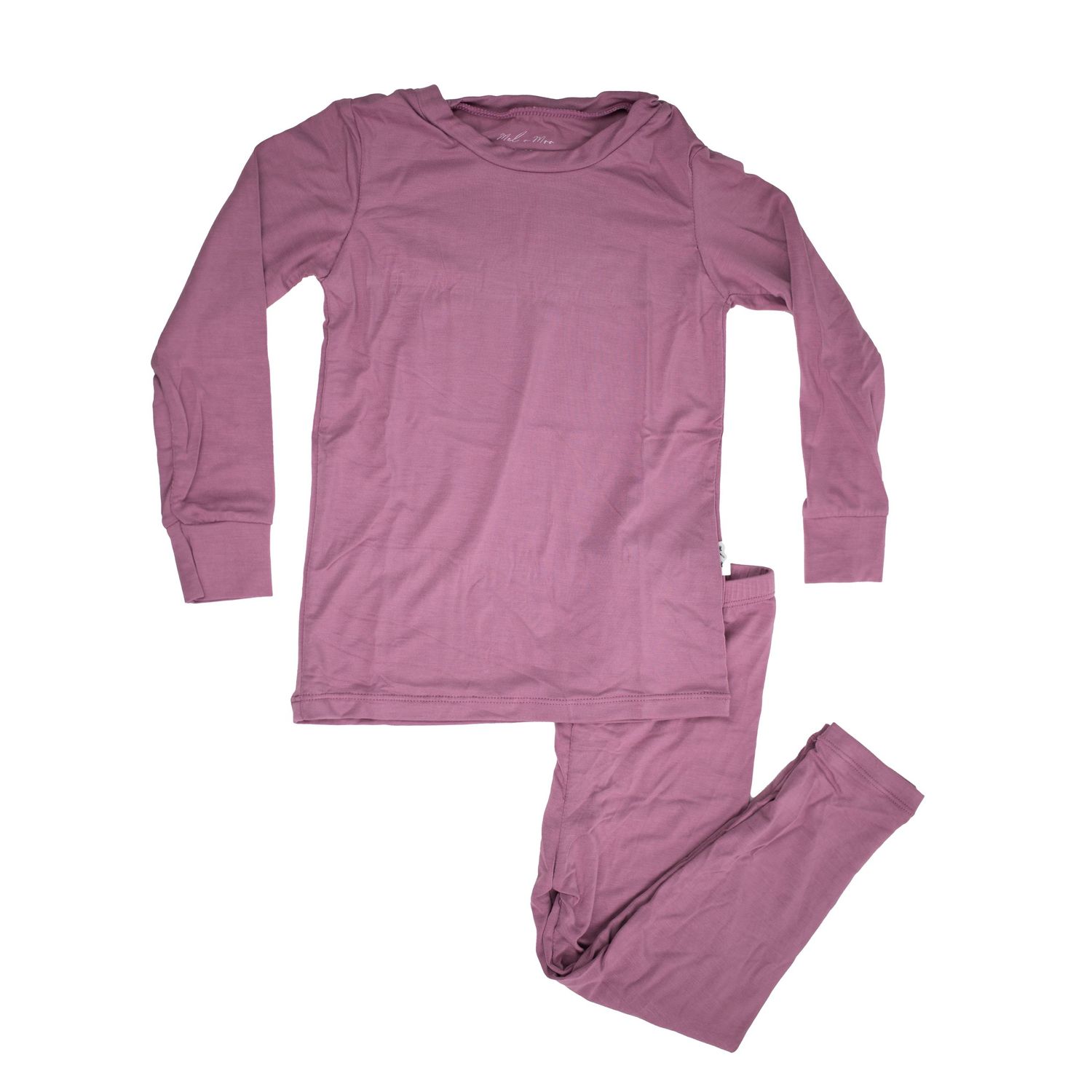 A pink long-sleeved shirt and pants pajama set on a white background.