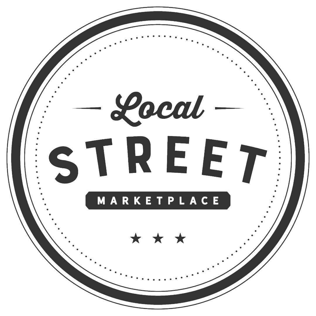 Circular black and white Local Street Marketplace logo with bold lettering, a dotted inner ring, and three stars.