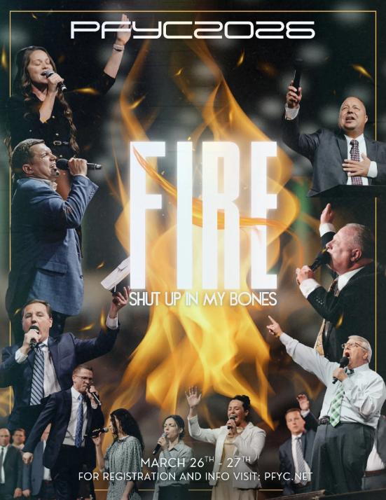 PFYC 2026 Fire conference promotional poster featuring worship leaders and the theme Shut Up In My Bones.