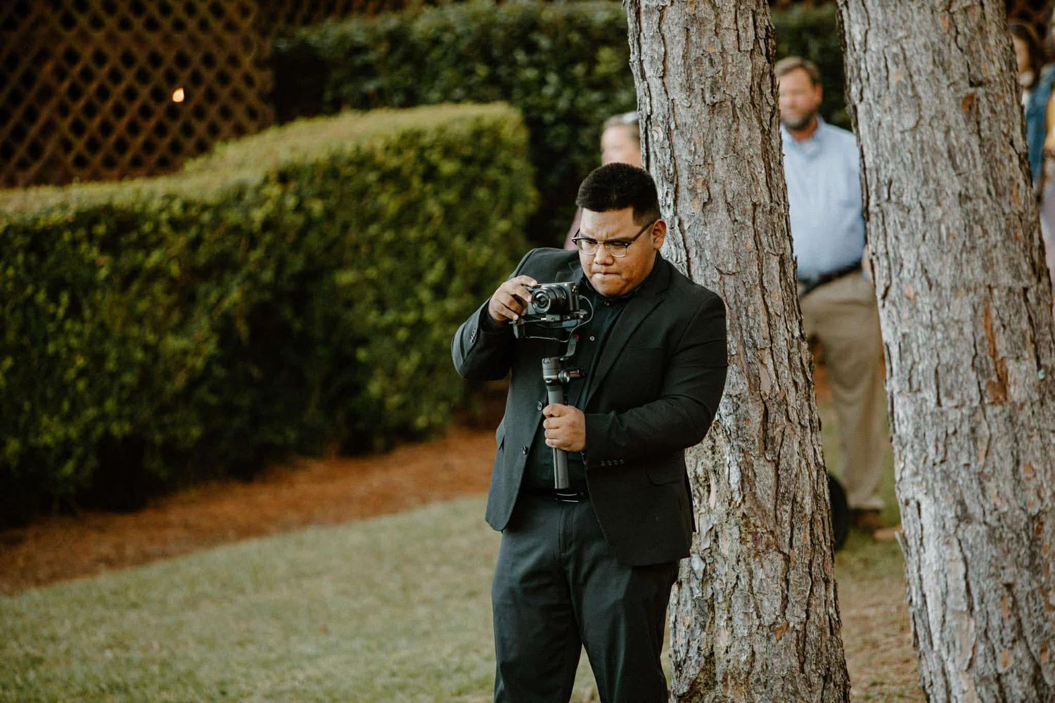 Videographer filming outdoor event with gimbal stabilizer near large tree in garden.