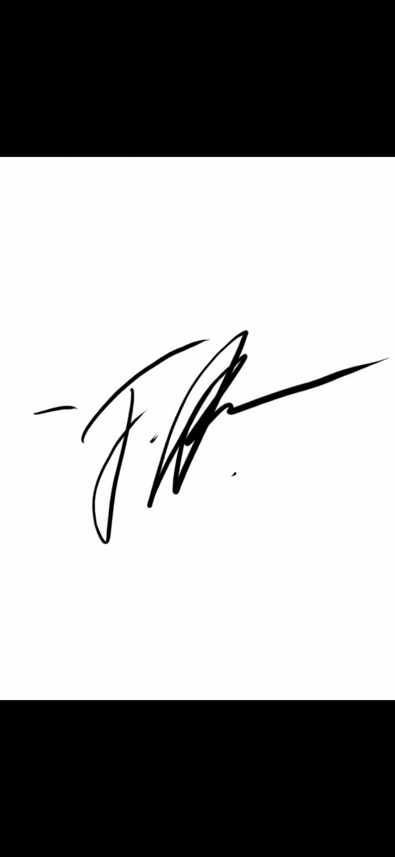 Close-up of an artistic black ink signature on white paper with bold sweeping calligraphic strokes.