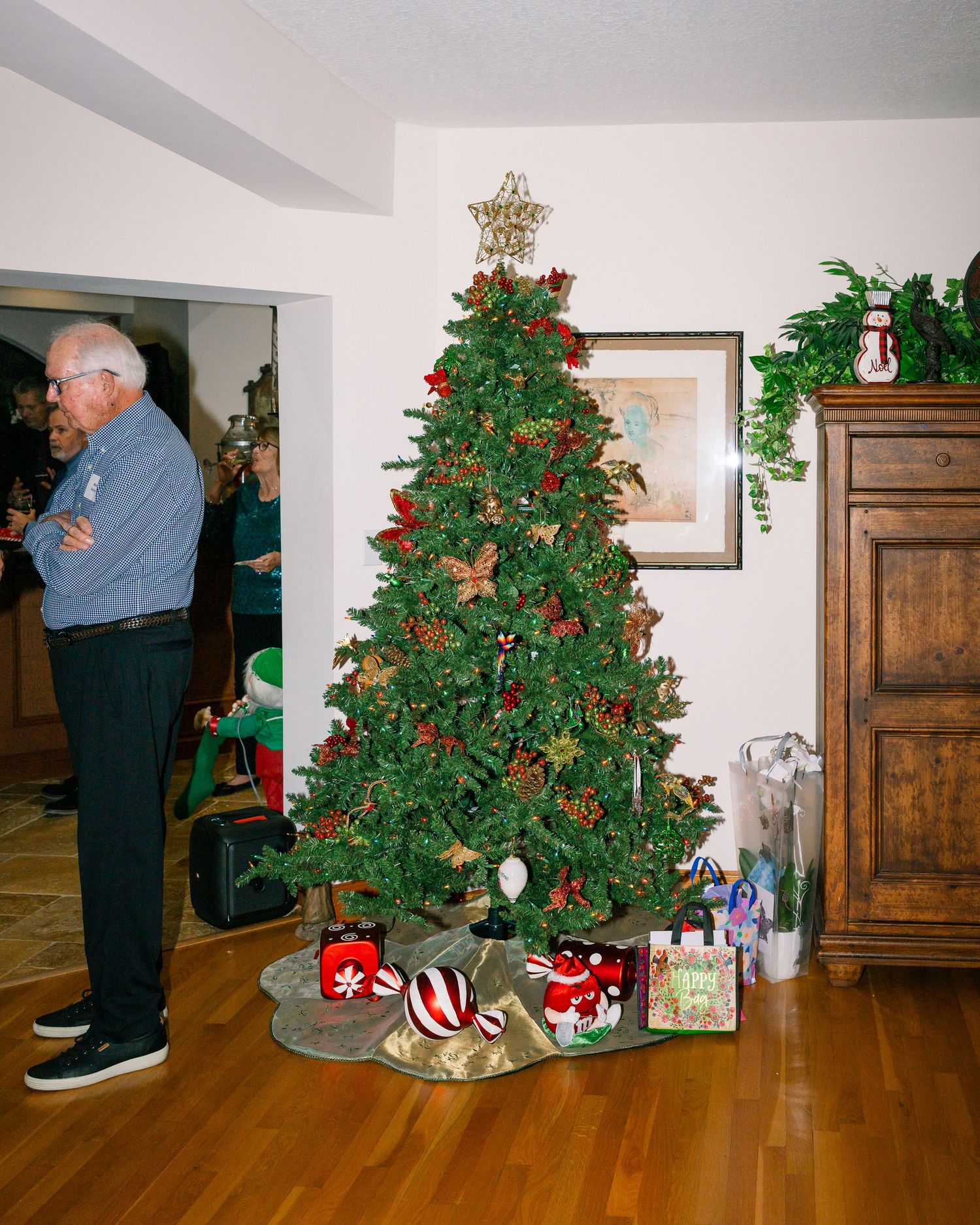 A decorated Christmas tree with red and black ornaments stands next to wrapped presents on hardwood flooring.
