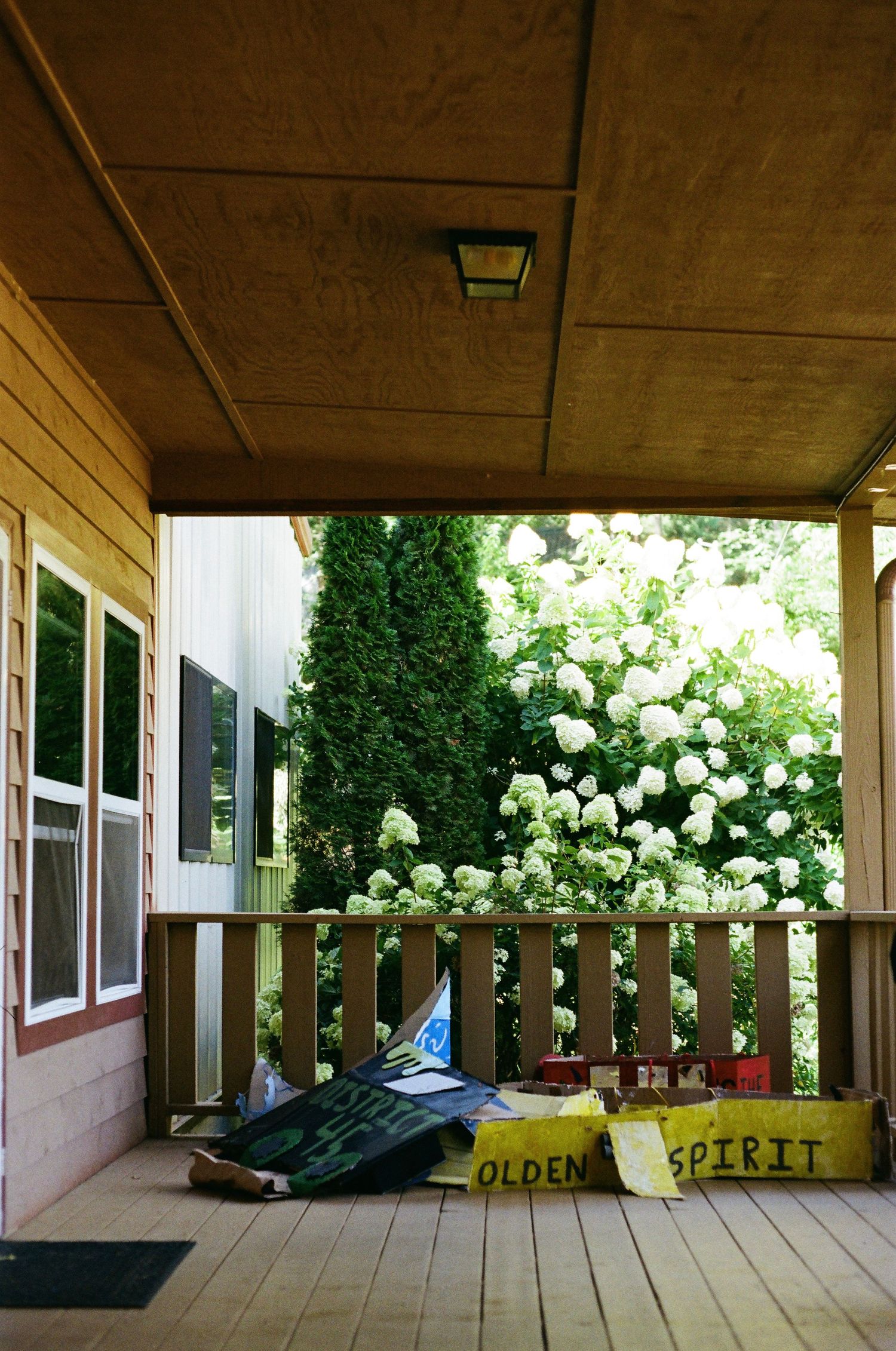A covered porch with yellow pillows reading OLDEN SPIRIT, white hydrangea blooms and evergreen trees visible beyond the railing.