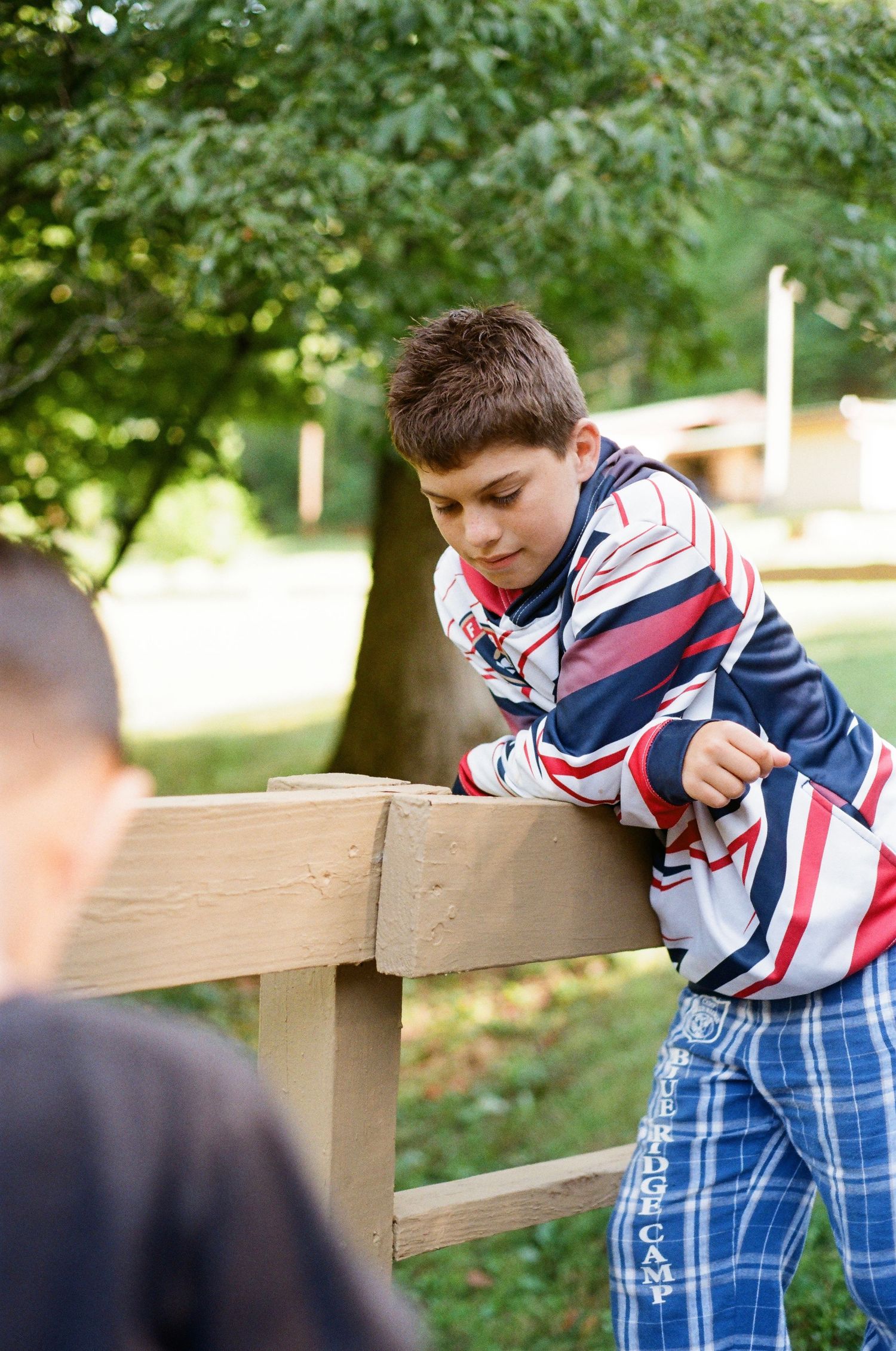 A boy in a striped hoodie and camp pants leans over a wooden fence outdoors near green trees.