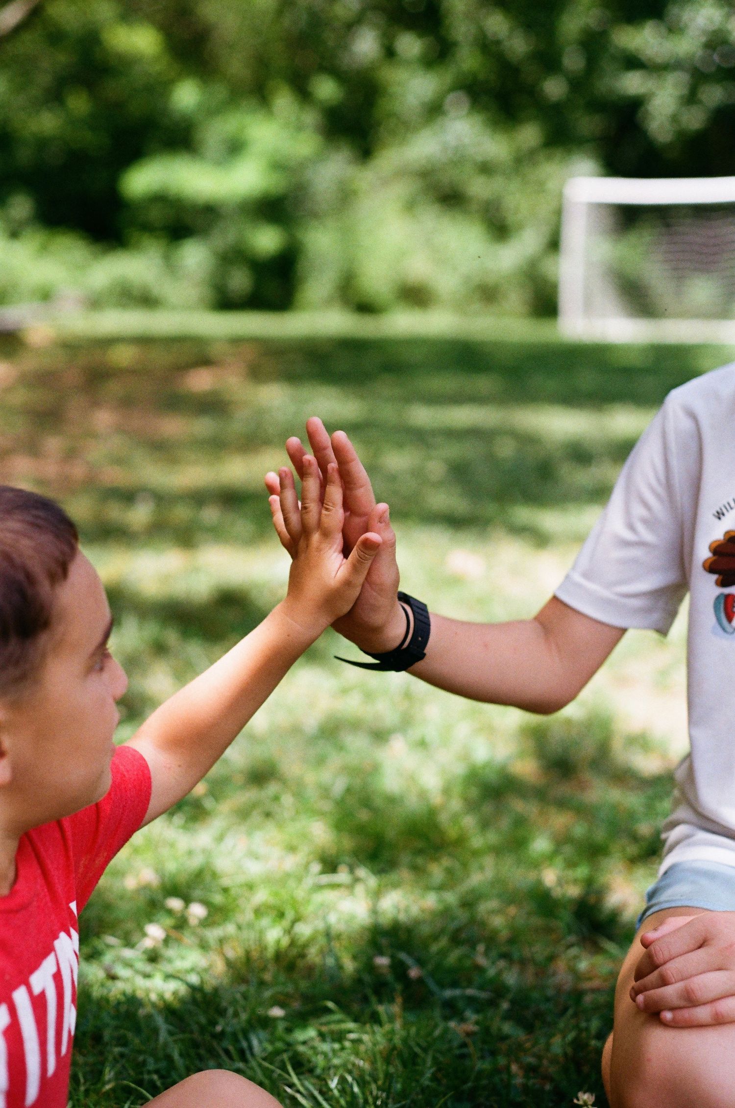 Two children giving a high five outdoors on green grass near a soccer goal on a sunny day.