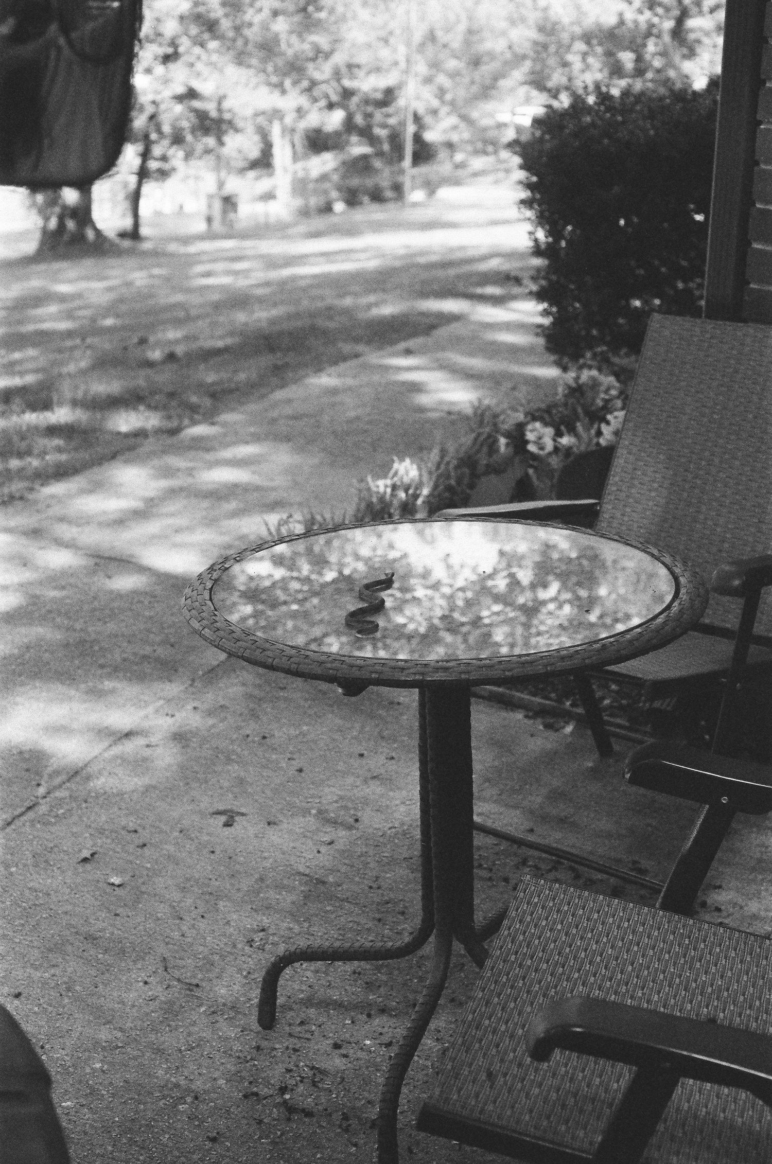 Black and white photo of a round glass patio table with wicker chair on a concrete porch overlooking a garden.