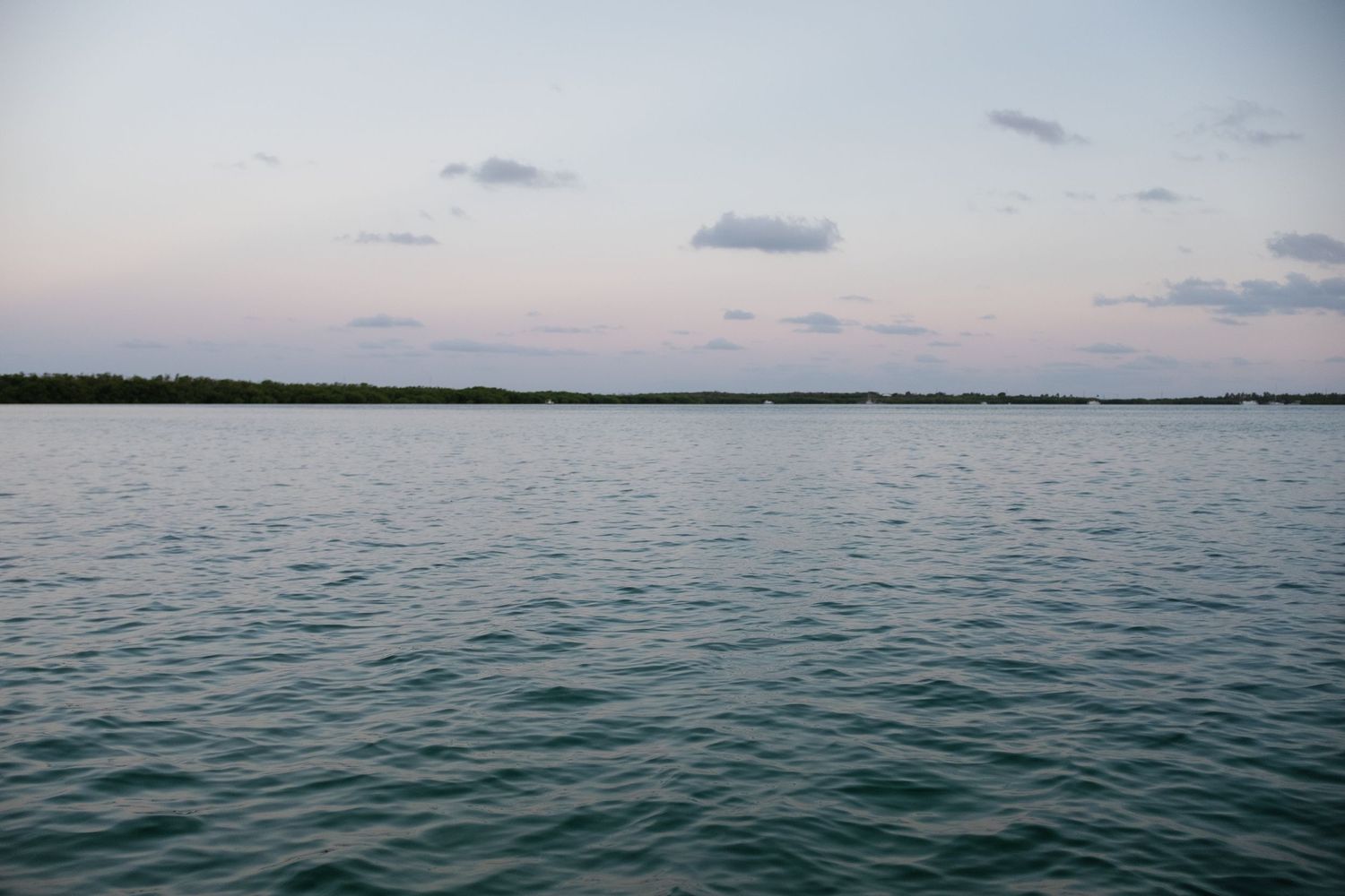 Calm blue-green lake waters stretch to a tree-lined horizon under a pastel pink and blue evening sky with scattered clouds.