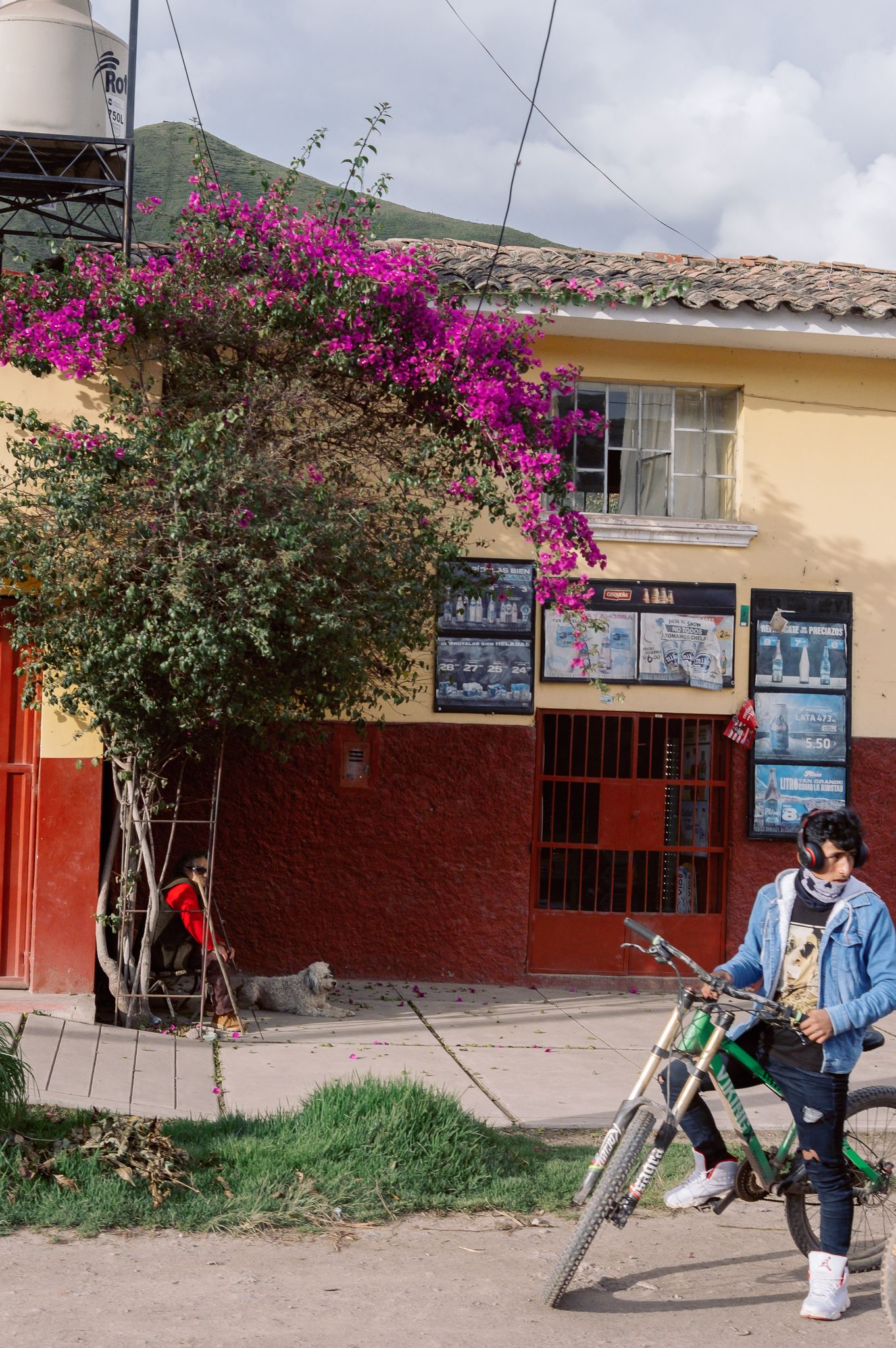 A young man with a bicycle stands outside a colorful building adorned with bougainvillea in a Latin American town.