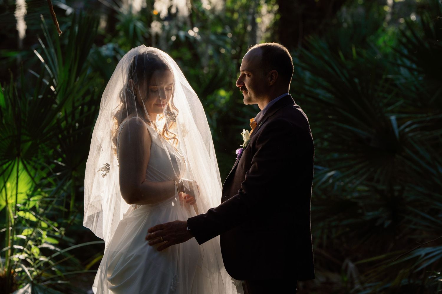 Silhouetted figures stand together in a romantic moment among tropical foliage and filtered sunlight.