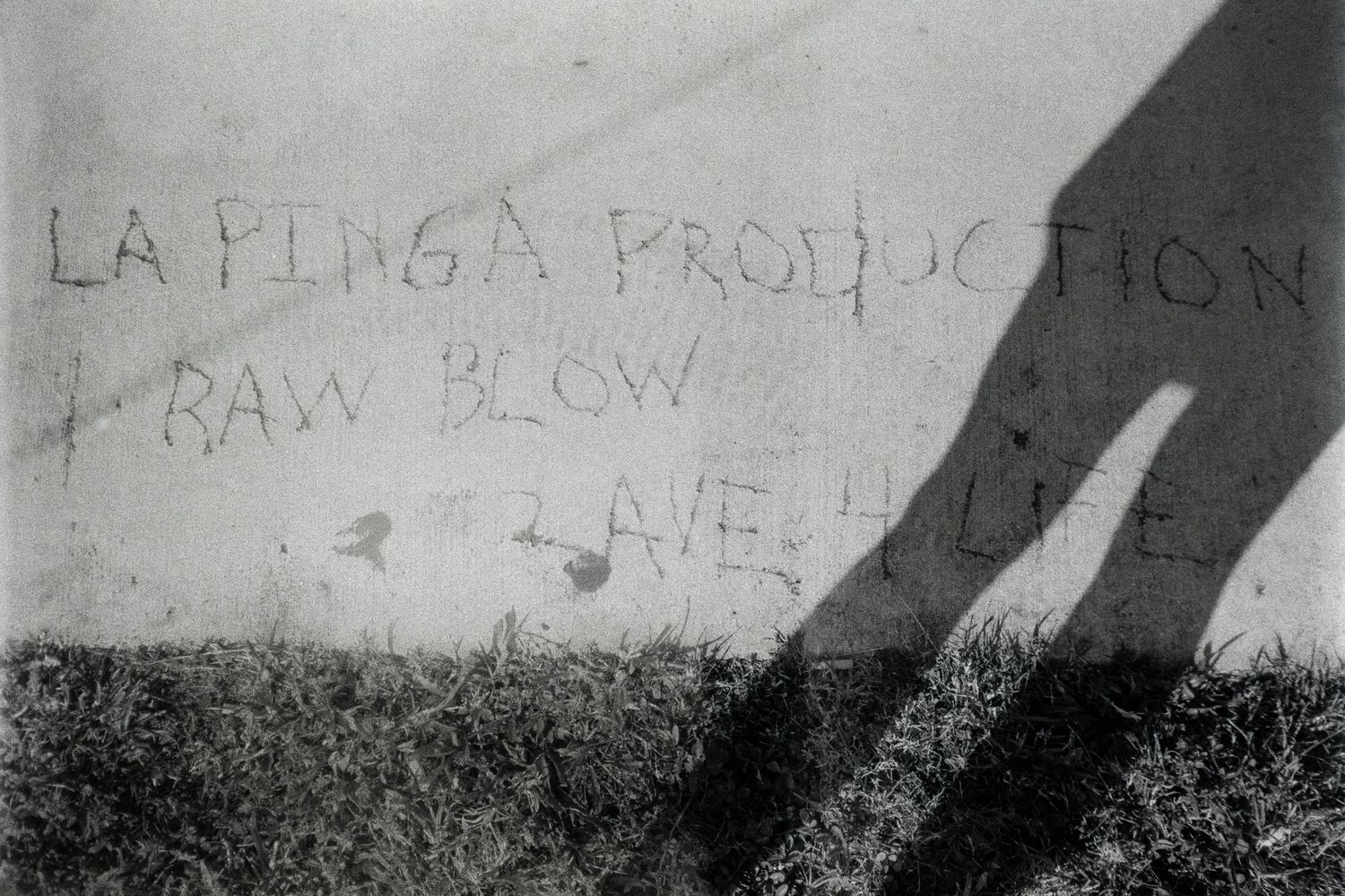 Black and white photo of graffiti reading La Pinga Production Raw Blow 2 Ave 4 Life on a wall.