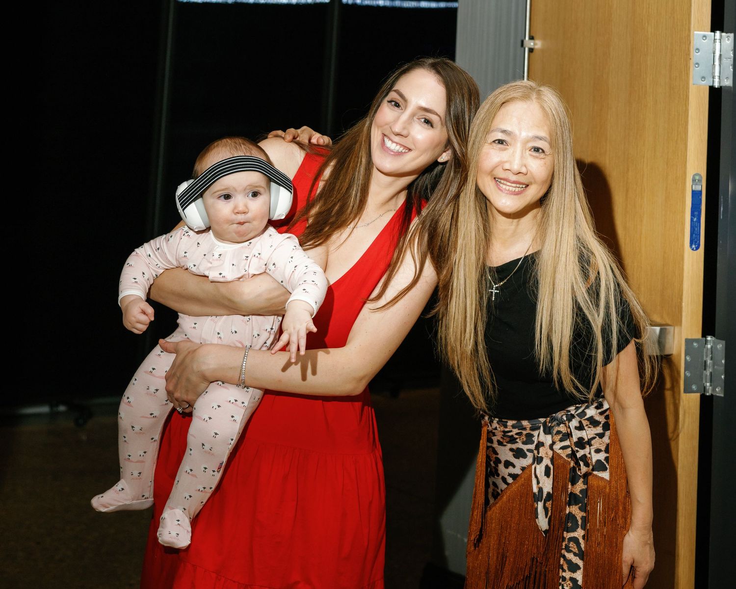 A series of photos showing people posing together in casual settings with a baby.