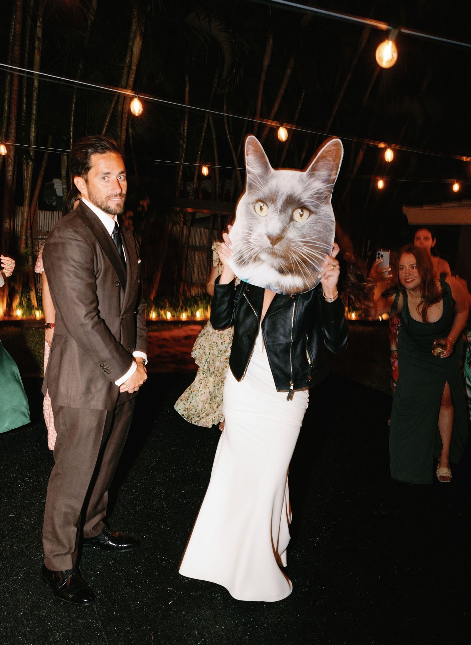 A humorous wedding photo edit replacing a person's head with a cat's head wearing a bowtie.
