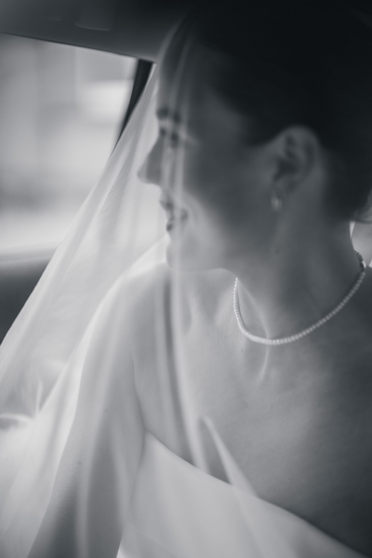 Portrait of bride wearing veil and pearl necklace at Bellinter House wedding in Co. Meath.