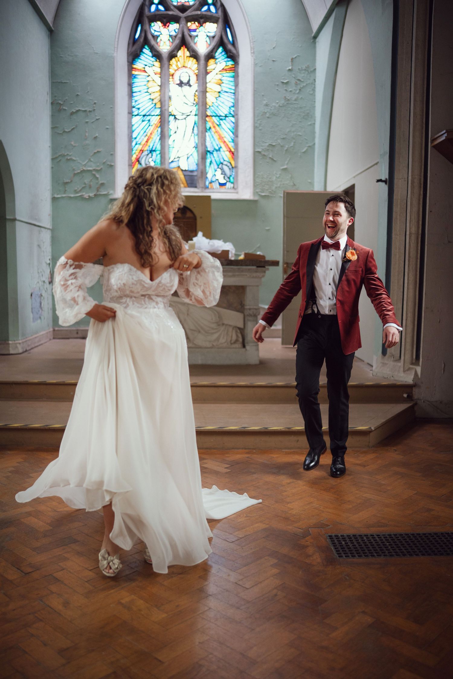 Groom and bride at red chapel Kells in Co Meath.